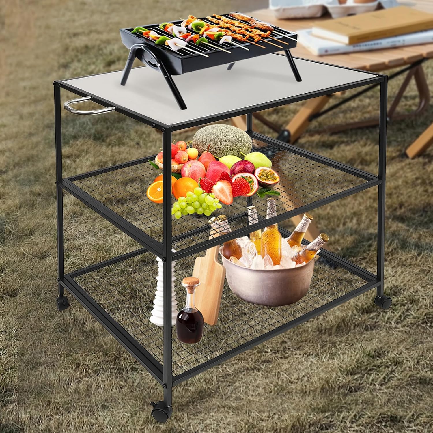 Multifunctional Kitchen Cart Trolley Storage Dining Table Movable BBQ Food Prep, for Camping, Lawn Patio Scenes, Dining Tables, Work Tables(Kitchen Cart with Handle)