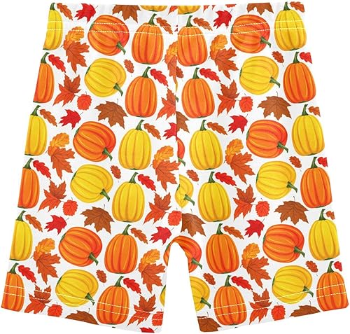 Pumpkin Maple Fall White Girls Bike Shorts Toddler Soft Cotton Under Dress Cartwheel Shorts(Multi-pumpkin Maple Fall White,6 Years)