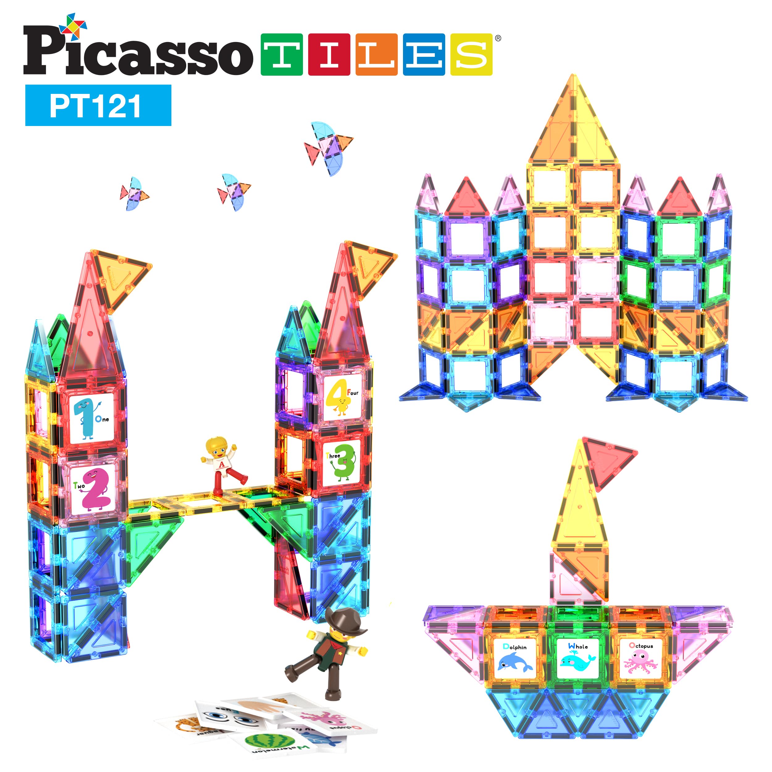 PicassoTiles 121pc Master Builder Magnetic Building Block Construction Set Blocs de tuiles aimantées avec Camion de Voiture, 2 Figurines d'action de caractère, 28 Animaux de l'alphabet éducatif