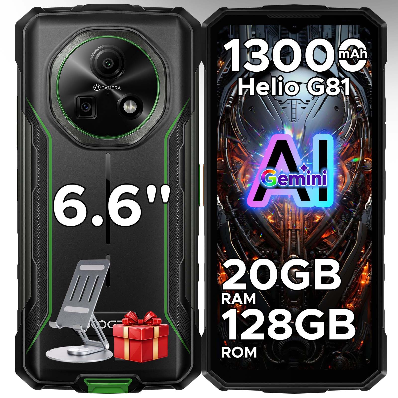 DOOGEE Fire 5 Pro Rugged Smartphone, 20GB+128GB 13000mAh Android 15 Telefono Indistruttibile, Mediatek Helio G81 Octa-core, 6.6" 90Hz Display, 13MP+8MP, NFC/Triple Card Slot/Face ID/GPS/IP68/IP69K