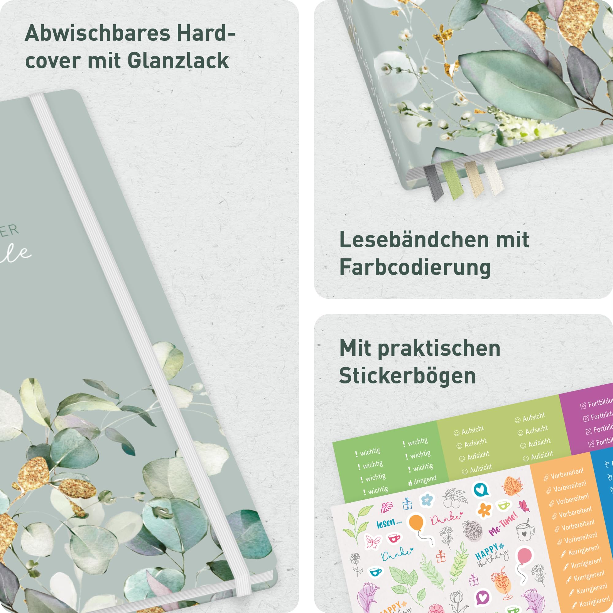 Häfft® Lehrerplaner Grundschule 2026/2027 im A4+ Format Hardcover - Schuljahr 12 Monate (Aug 26 - Jul 27) Lehrerkalender & Unterrichtsplaner für Klasse 1–4 "Minty Leaves"