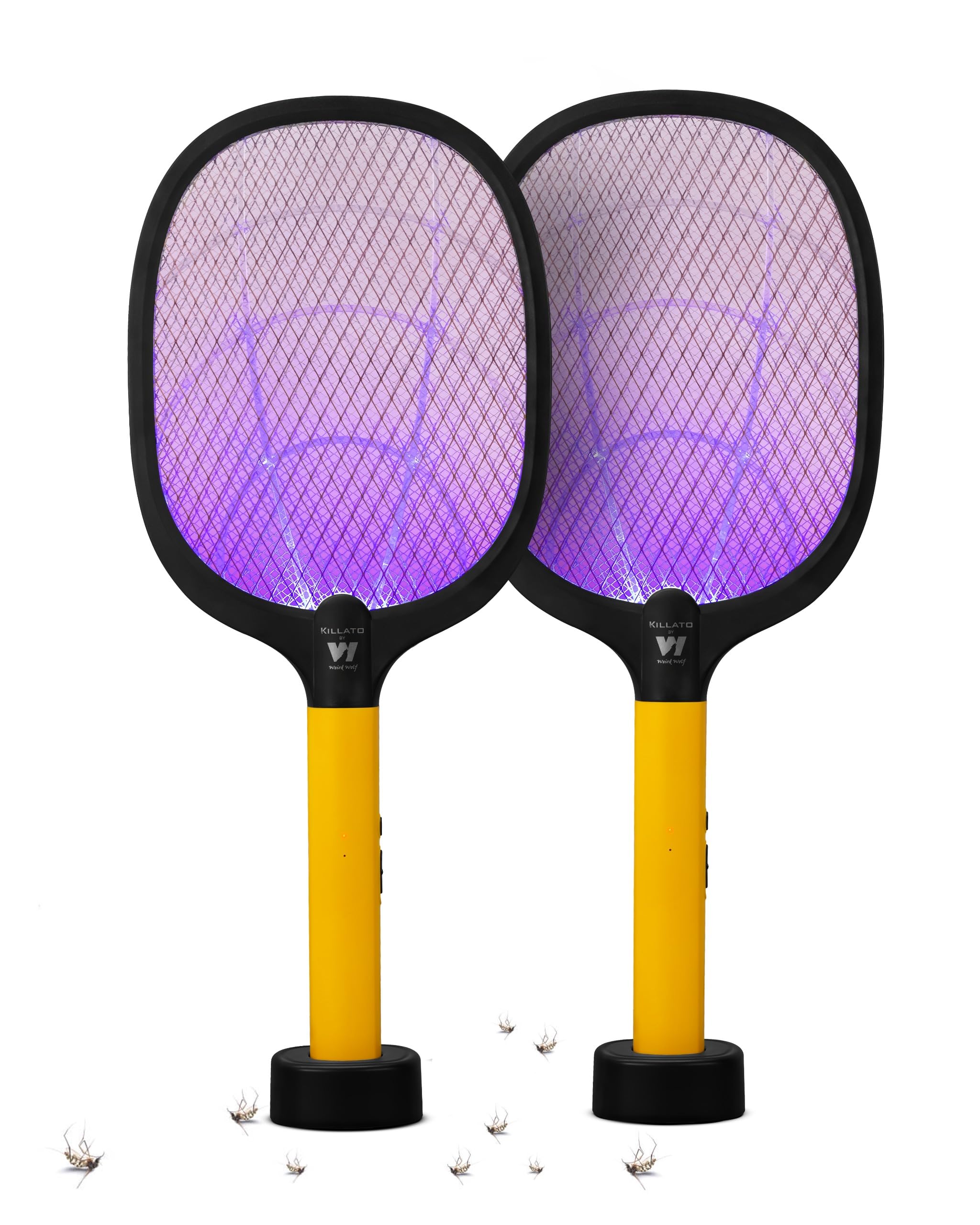 WEIRD WOLF 2 in 1 UV Light Mosquito Bat Racket Electric Fly Swatter with Base Stand, Lithium Battery, USB Type- C Charging, Yellow/Black (Pack of 2)