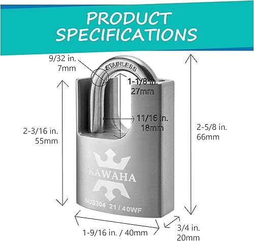 Miniatura 3 de 2140-2PS - Candado de acero inoxidable de alta seguridad con llave de acero inoxidable para uso en interiores y exteriores (resistente,
