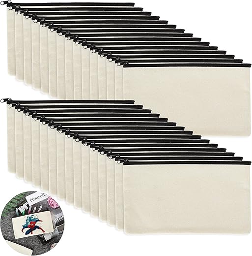 SENENQU 30 Stück DIY Blanko Stoffbeutel zum Bemalen, 12 × 21cm Federmäppchen zum Bemalen, Klein Stoffbeutel Mit Reißverschluss, Kosmetiktasche zum Bemalen, Stoff Federmäppchen