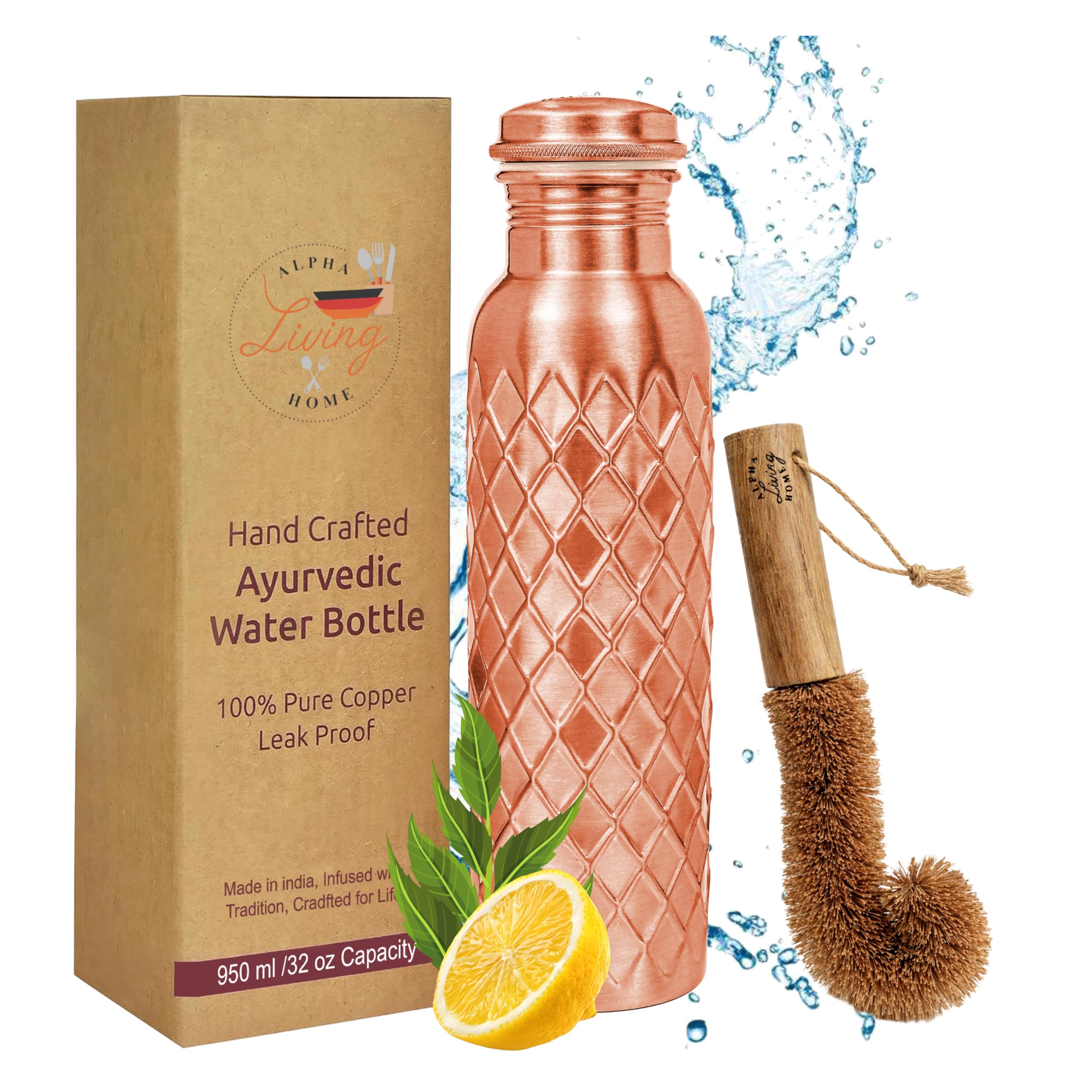 Alpha Living Home Copper Water Bottle 32 Oz Extra Large,Pure Copper Bottle for Drinking Water,Diamond Ayurvedic Drinking Bottle,Leak Proof Vessel,