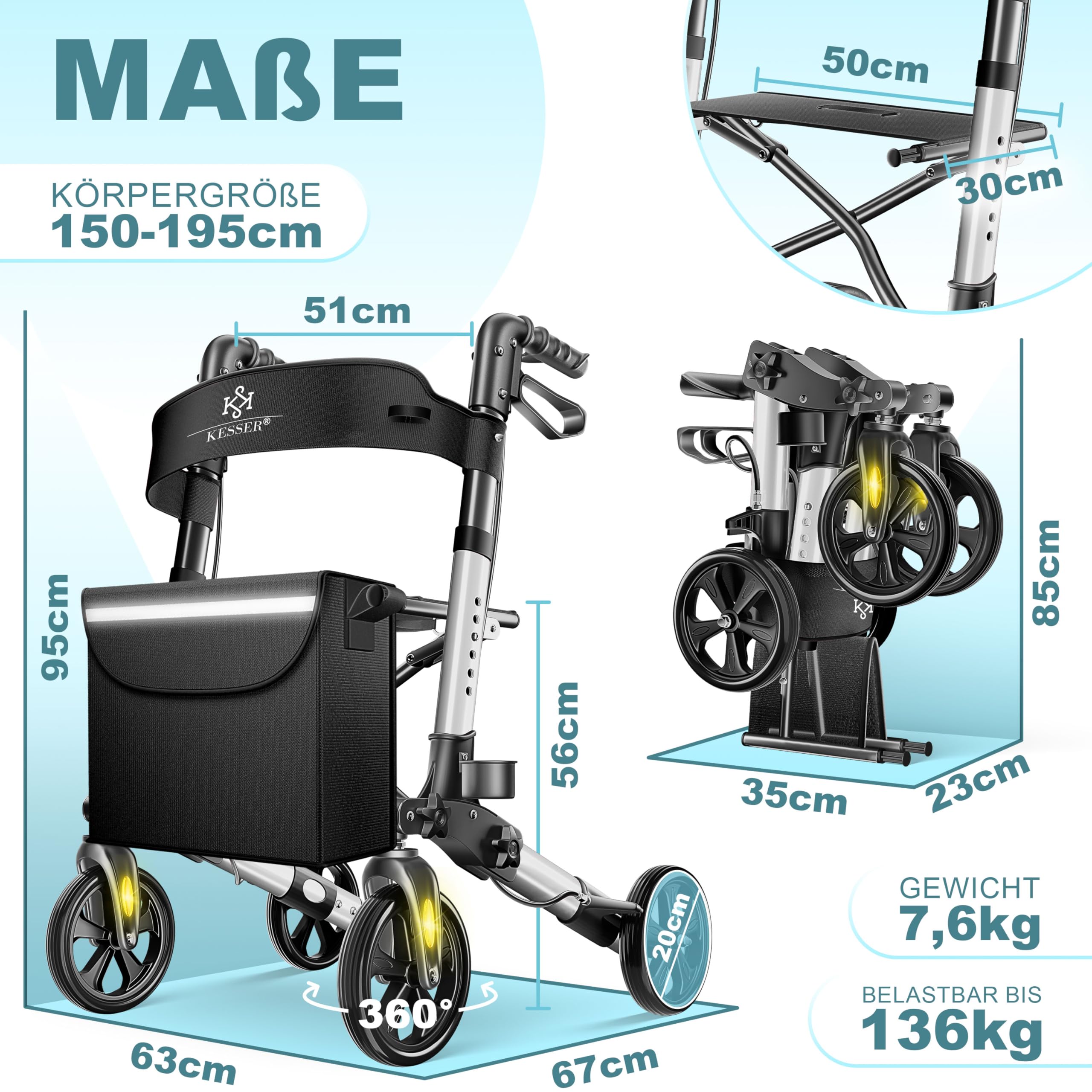 KESSER Leichtgewicht Rollator faltbar mit Sitz, Griff, Tasche, schmal für Senioren Wohnung, Klappbar, Höhenverstellbar, Reflektoren | All Gelände Reifen Indoor-& Outdoor, Gehhilfe, Laufhilfe, Schwarz