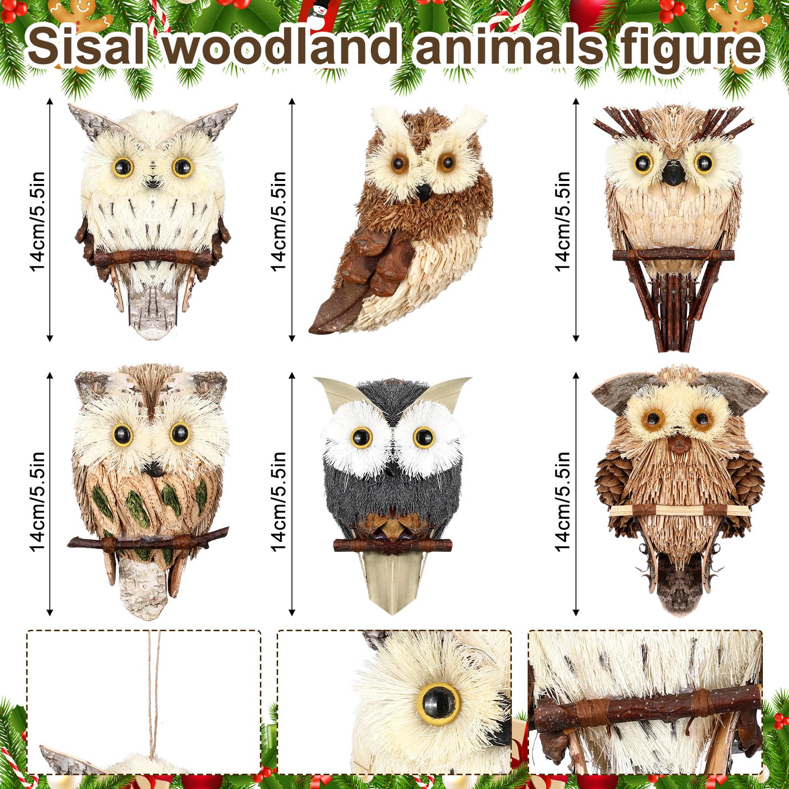 Namalu Confezione da 6 gufi in sisal, statuette di animali in paglia naturale, per ornamenti natalizi rustici, decorazioni realistiche per albero di Natale, artigianato fai da te, decorazioni per