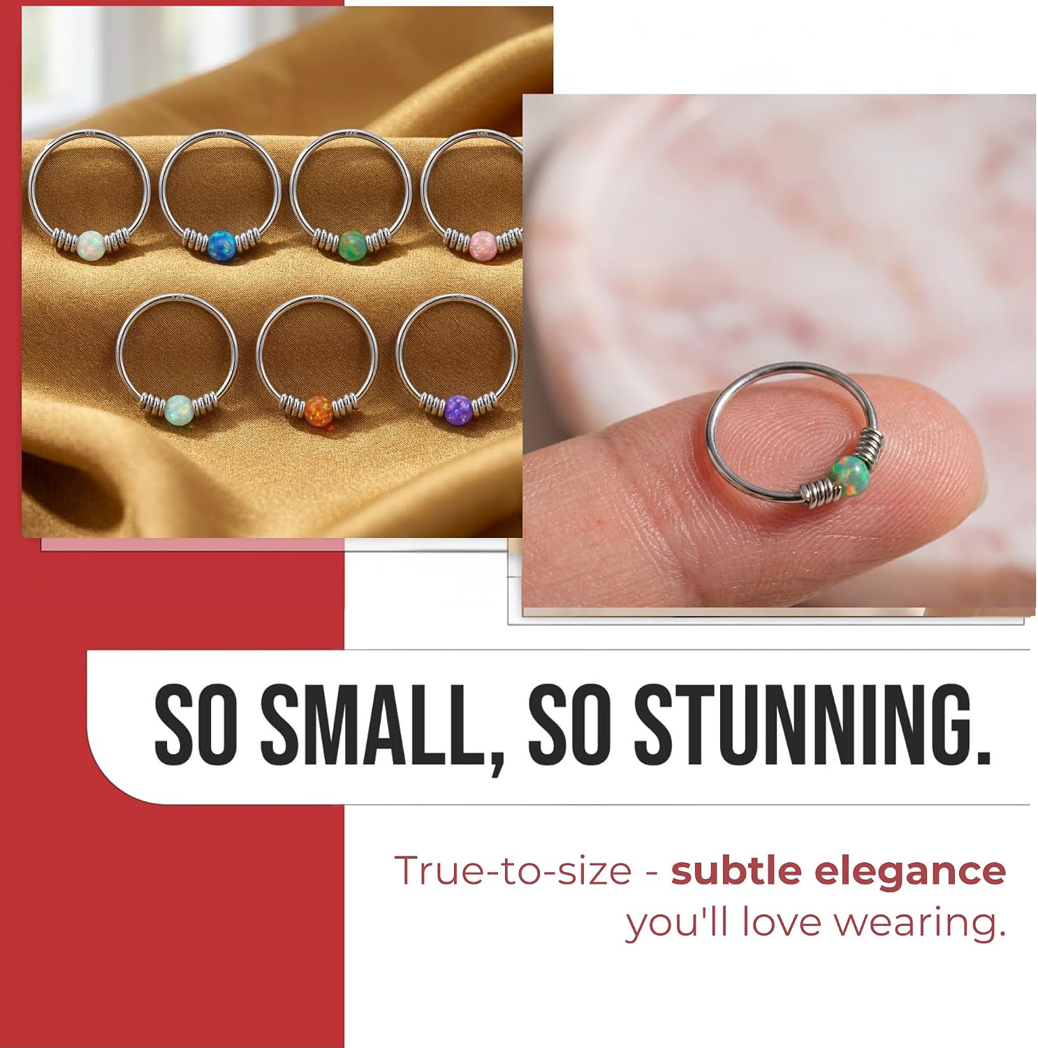 9K Solid White Gold Opal Stone with Double Spring Coil 22 Gauge (0.6mm) Hoop Nose Ring Piercing Jewelry