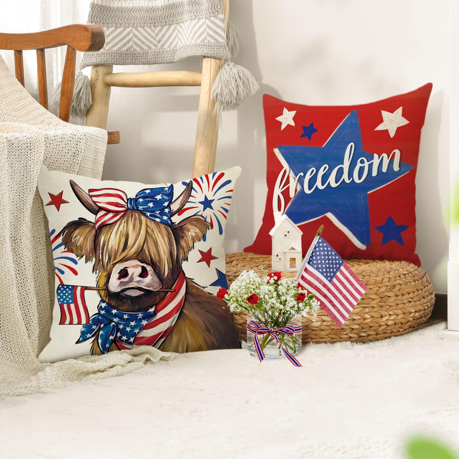 Set Mit 2 Kissenbezügen – Camouflage & Amerikanische Flagge Design, 40,6 X 40,6 Cm, Rustikale Jagd-Optik