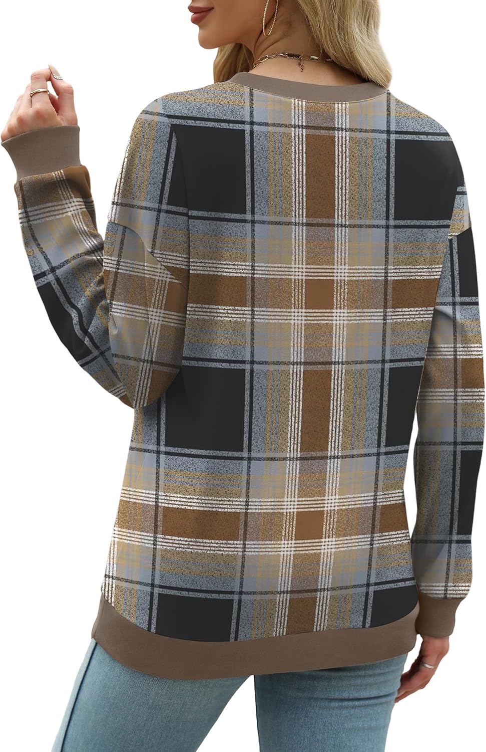 Saloogoe Sweatshirts for Women Crewneck Long Sleeve Loose Fit Tops Color Block Ribbed Trim Fashion 2025