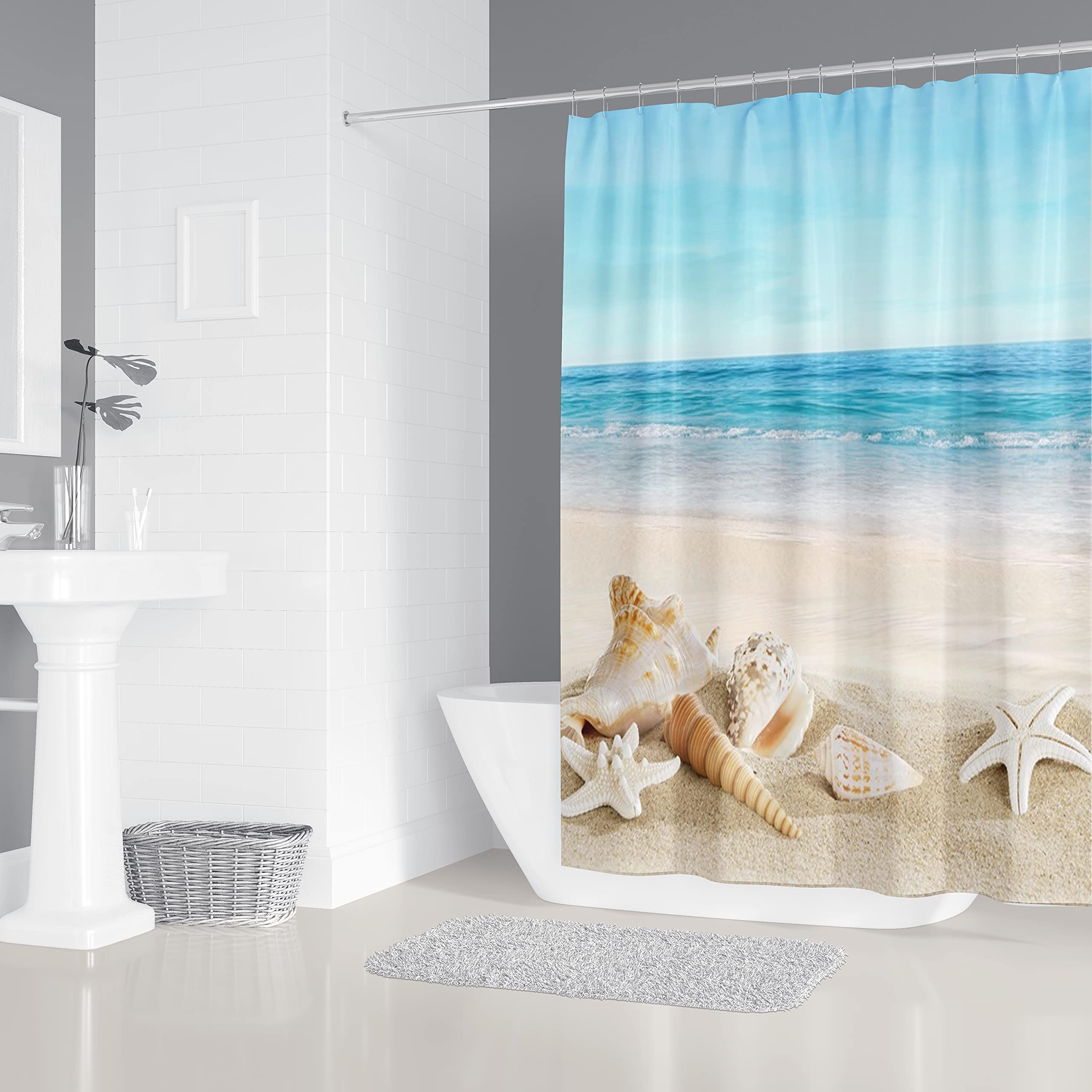 Tenda Da Doccia Nautica Costiera 182x182 Cm, Blu Oceano Con Conchiglie E Stelle Marine, Tessuto Poliestere + Ganci - 3