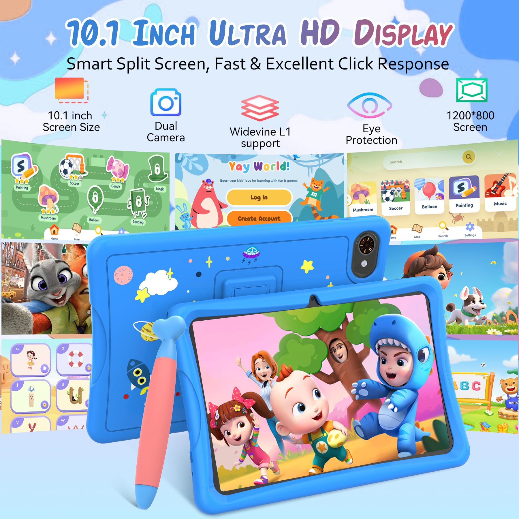 TABWEE Kids Tablet 10 inch, Android 15 Tablets for Kids, Parental Control, Pre-Installed Kiddos Software & Kids Space, Includes Case & Stylus Pen, 12GB RAM 64GB ROM, 2TB Expand, HD IPS Screen(Blue) — view 3