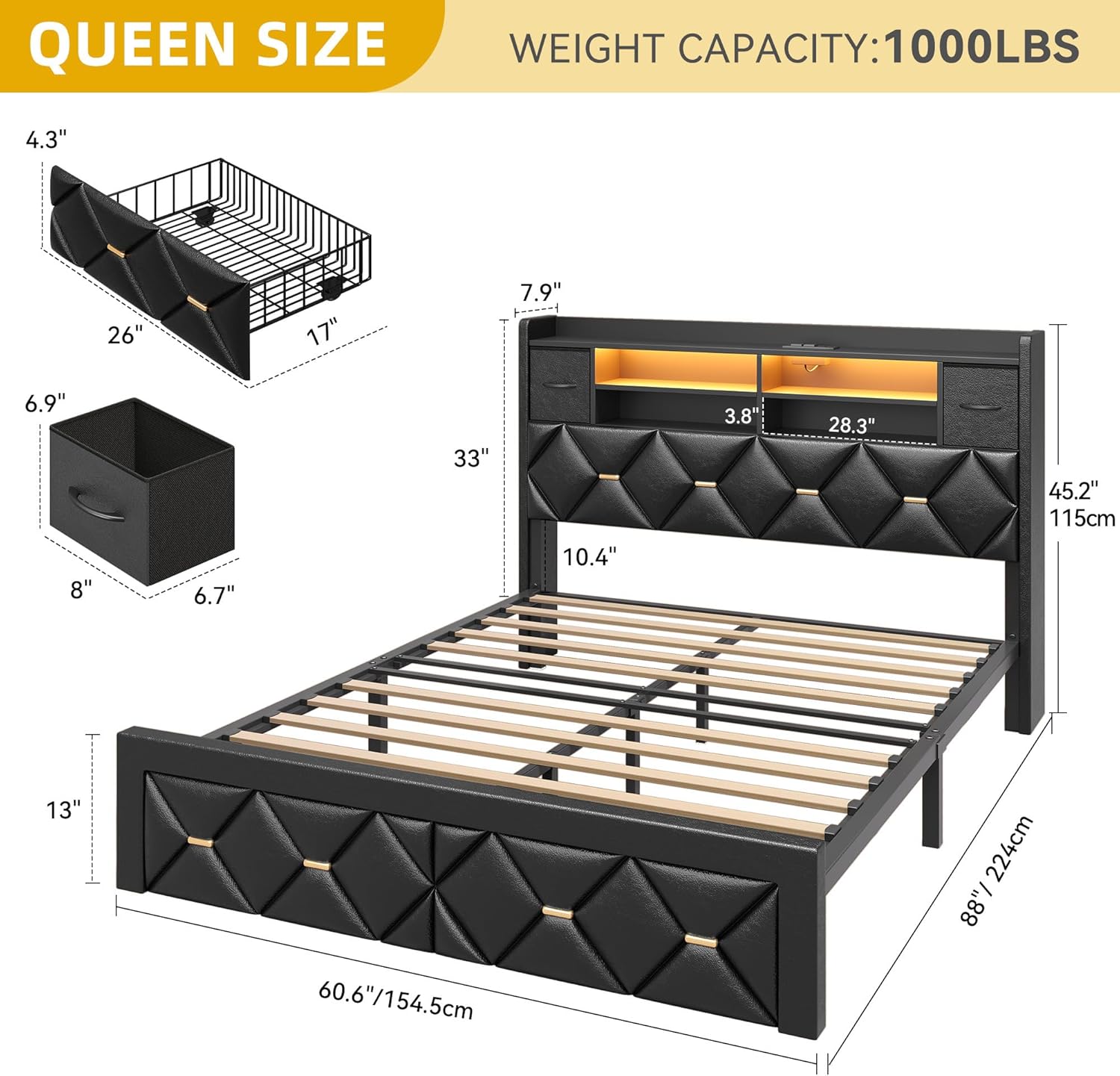 dwvo queen size bed frame with 2 storage drawers and storage headboard, upholstered platform with charging station and led light, no box spring needed, noise free, easy assembly, pu leather black pu leather black queen