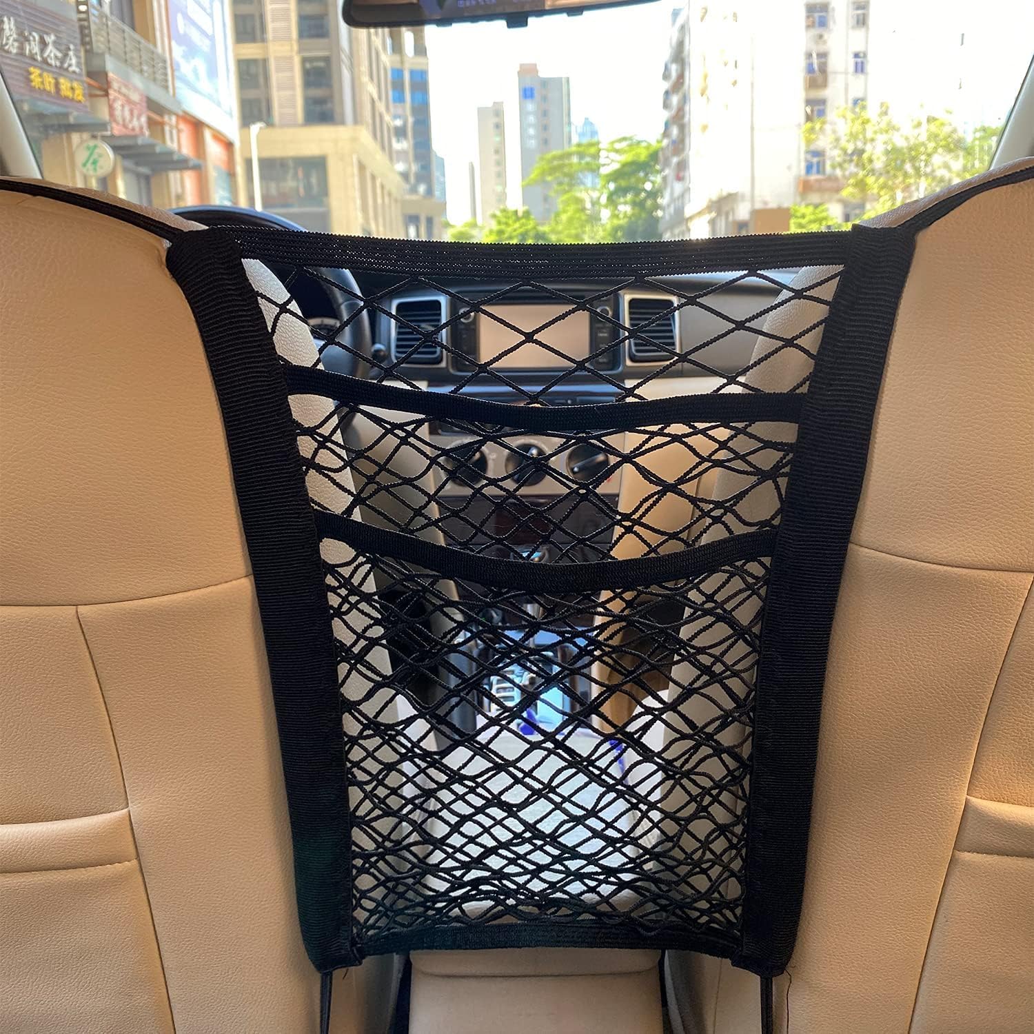 Car Mesh Organizer Between Front Seats | Universal Elastic Storage Net & Seat Divider with 4 Hooks | Car Interior Organizer for Bottles, Handbags, Tissues, Groceries & Travel Accessories-image-0