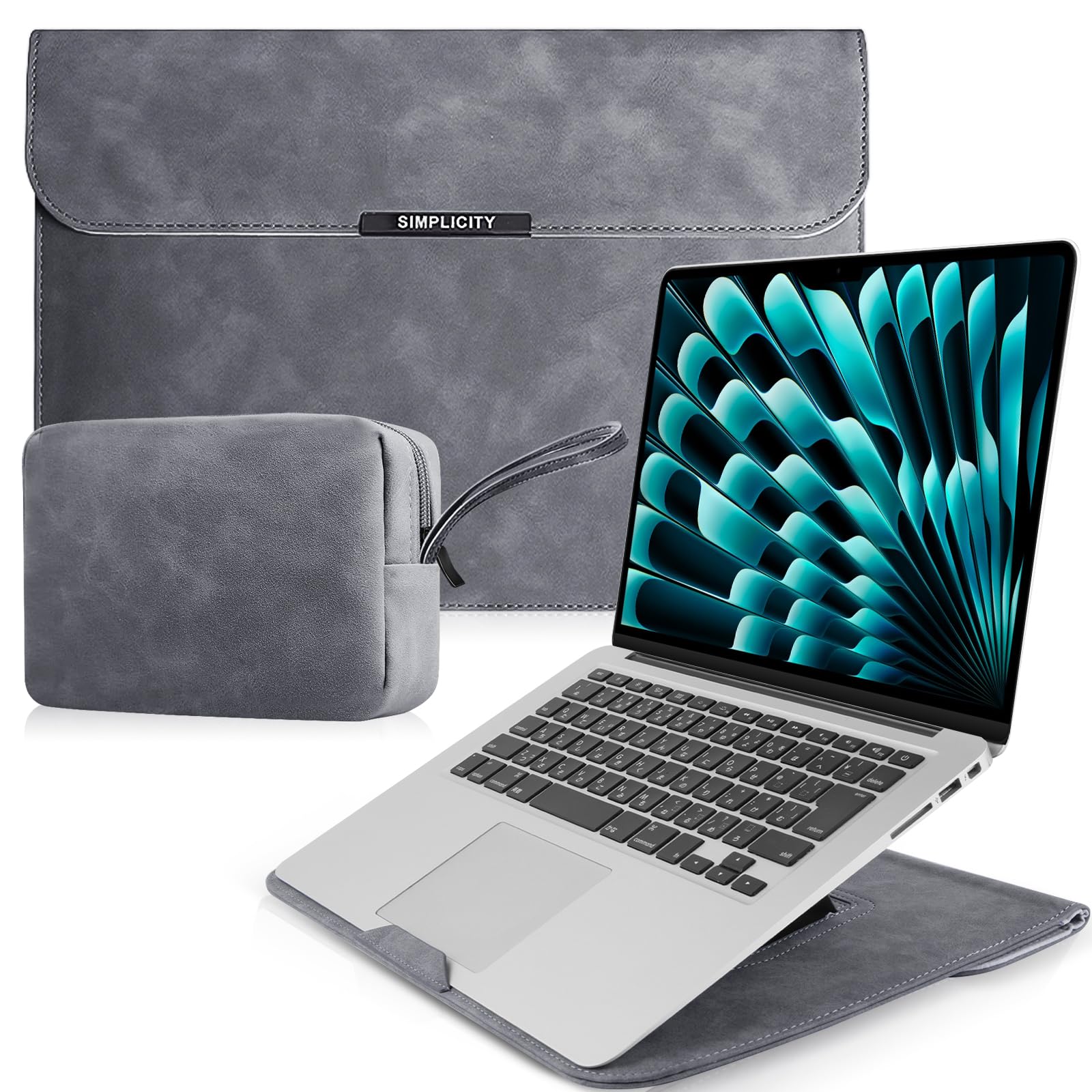 Housse pour Laptop avec Stand 13-14 Pouces PU Cuir pour MacBook Pro 13" 14" M5/M4/M3/M2/M1 Pro/Max, MacBook Air 13" 13,6" M5/M4/M3/M2/M1 - Gris