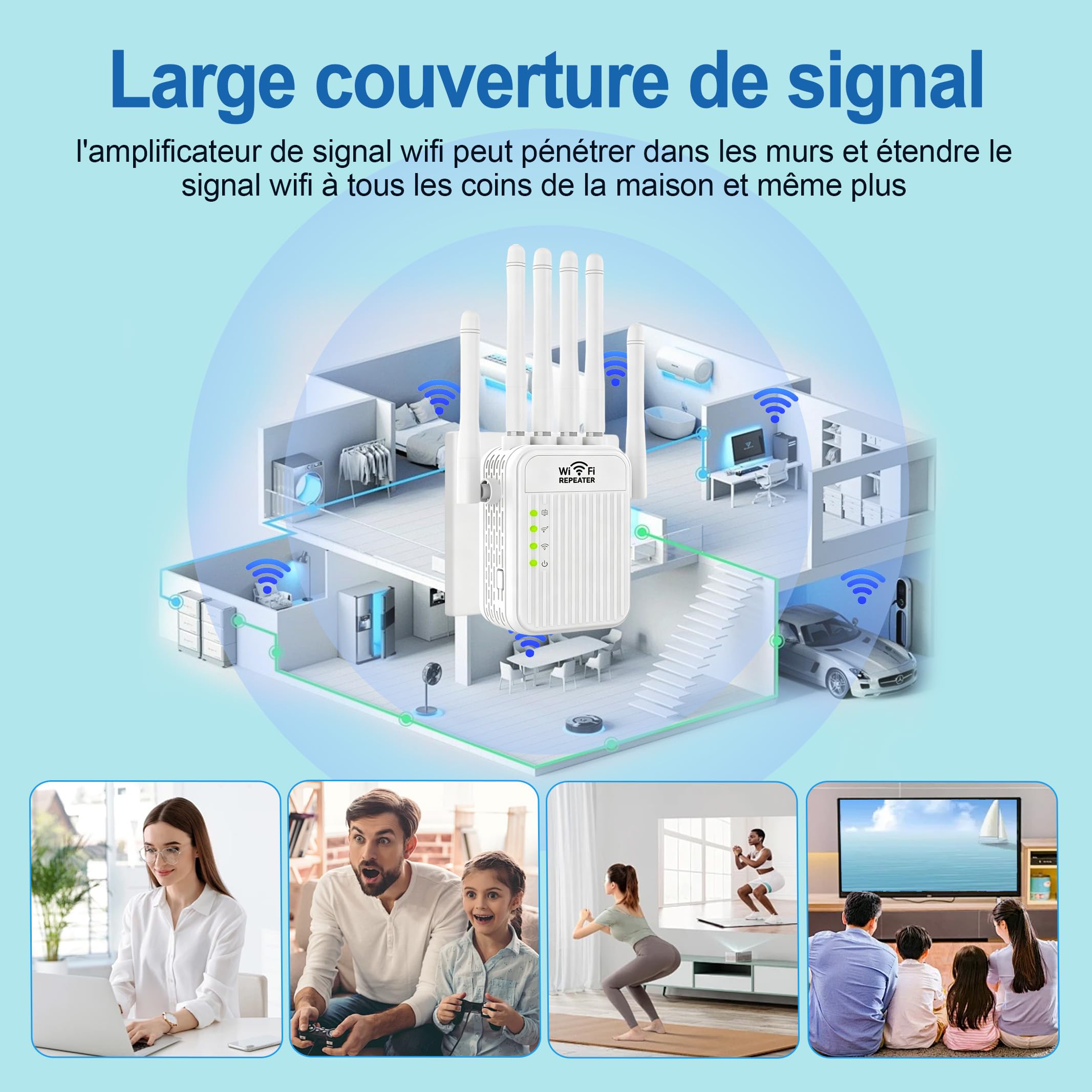 Repeteur WiFi Puissant sans Fil 5G /2.4G, Amplificateur de Signal WiFi Bi-Bande,2 Ports LAN,6 Antennes,Répéteur à Distance Puissant pour la Maison et Le Bureau Couverture jusqu'à 9800m³