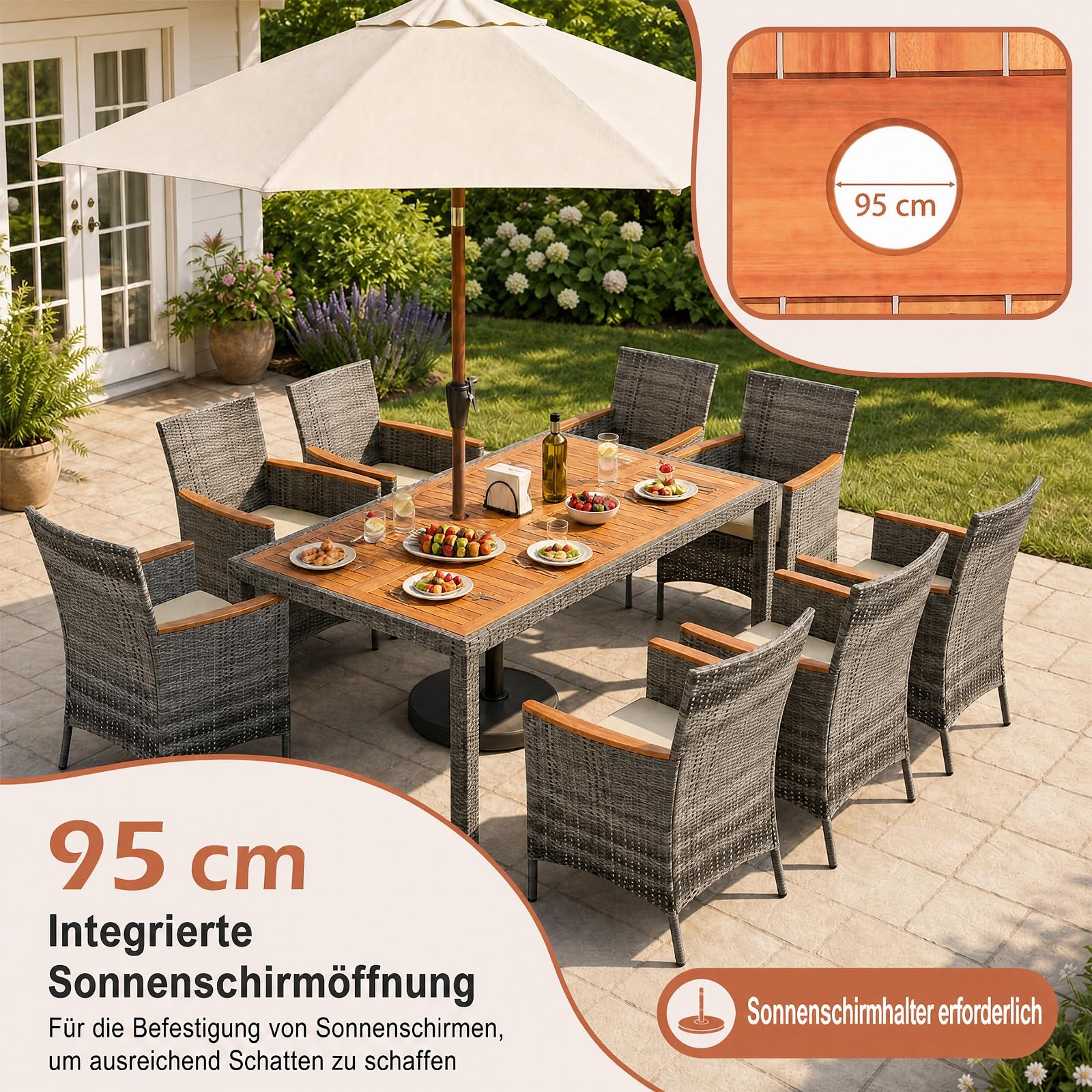 SOARS Salotto da Giardino Esterno, Set Mobili da Esterno in Rattan e Legno Massello con 8 Poltrone, Tavolo da Pranzo con Foro per Ombrellone da 5 cm e Cuscini Morbidi per Terrazzo, Bordo Piscina