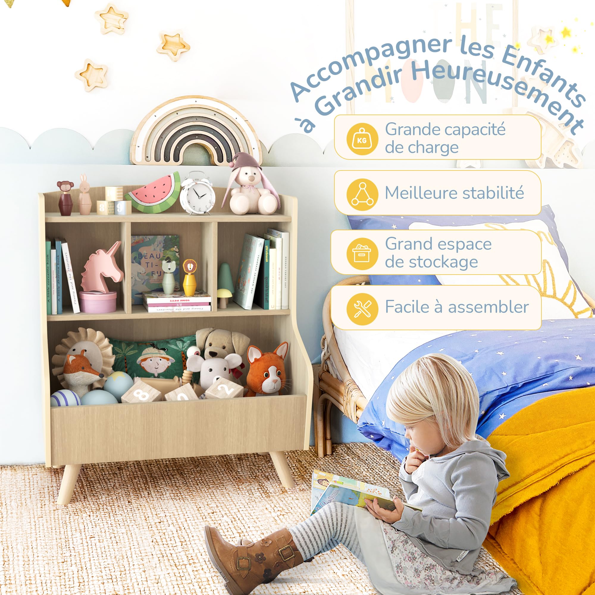 LUE BONA Bibliothèque Enfant,Coffre à Jouets pour Enfants,Rangement Jouet Enfant avec 3 Compartiments et 3 Cubes Ouverts,Bibliothèque Meuble de Rangement,36 × 61 × 71 cm,Teinte de Bois Brut