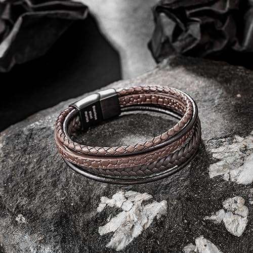 Miniatura 4 de Speroto Pulsera ajustable de cuero para hombre con cierre de acero inoxidable, multicapa trenzada de cuero genuino para hombres y mujeres