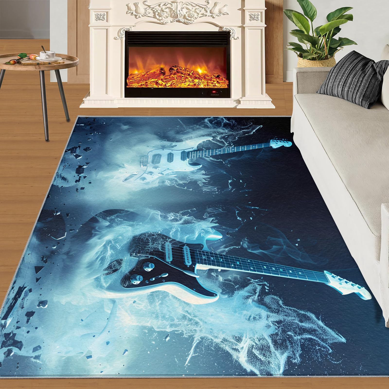 Tapis à motif guitare pour salle de musique – Tapis musical pour garçons, salon, chambre à coucher, lavable, antidérapant et doux, petit tapis rock and roll et décoration d'intérieur 90 x 120 cm