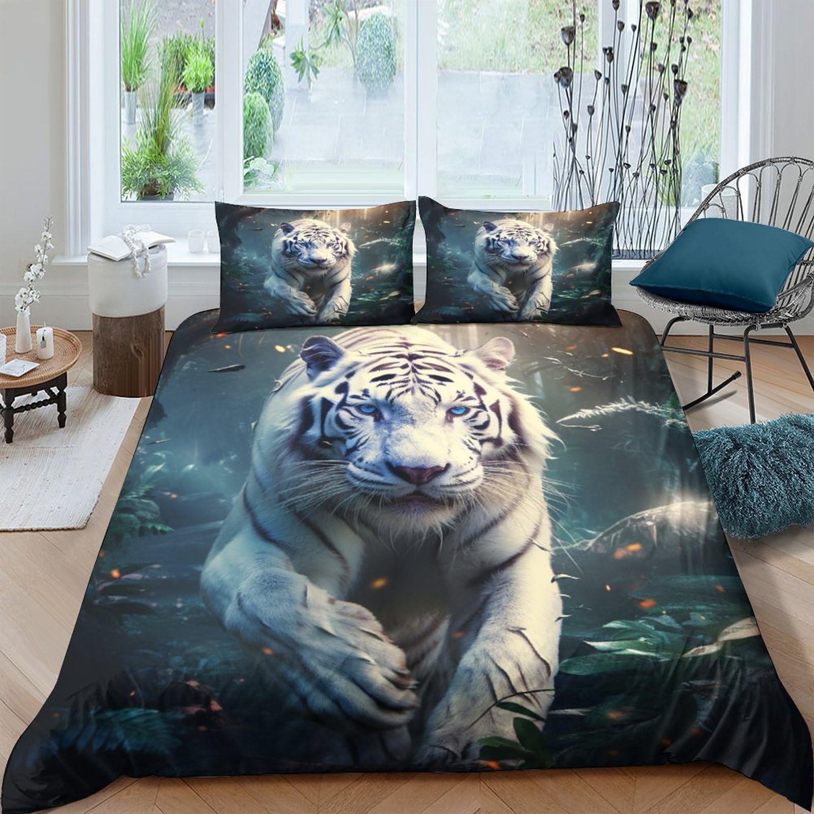 LKBASOEGD White Tiger 3D Printed Duvet Cover Set Bedding Set,Soft Microfiber Pillowcases,Hidden Zipper Quilt Cover Easy Care Comforter Cover for Kids Boys Girls Teens Double（200x200cm）