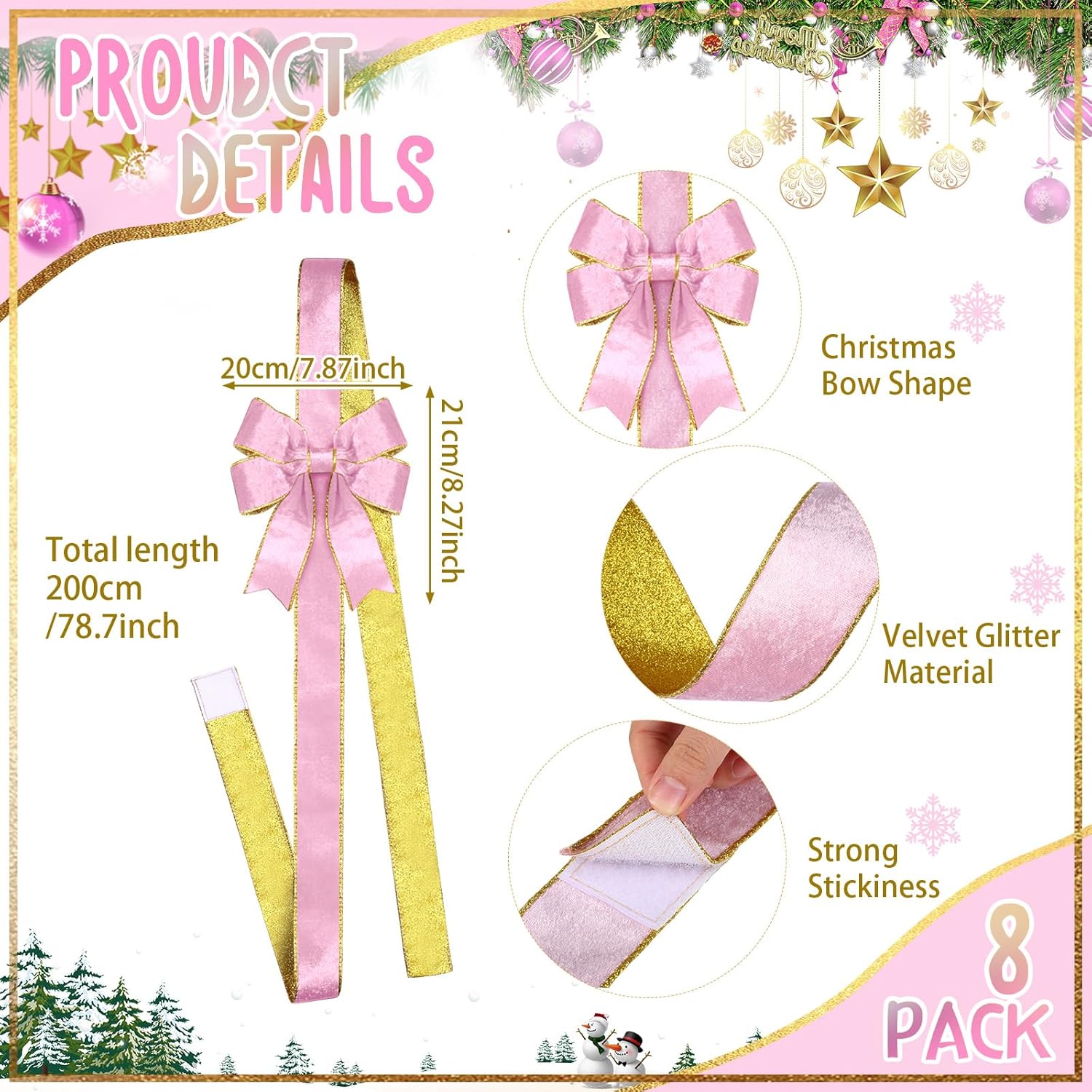 XunYee Glitter Large Christmas Cabinet Ribbons Bows Thick Velvet Festive Xmas Bow Edge Burlap Door Decoration for Christmas Tree Fireplace Kitchen Gift Wrapping(200x8 cm,Pink)
