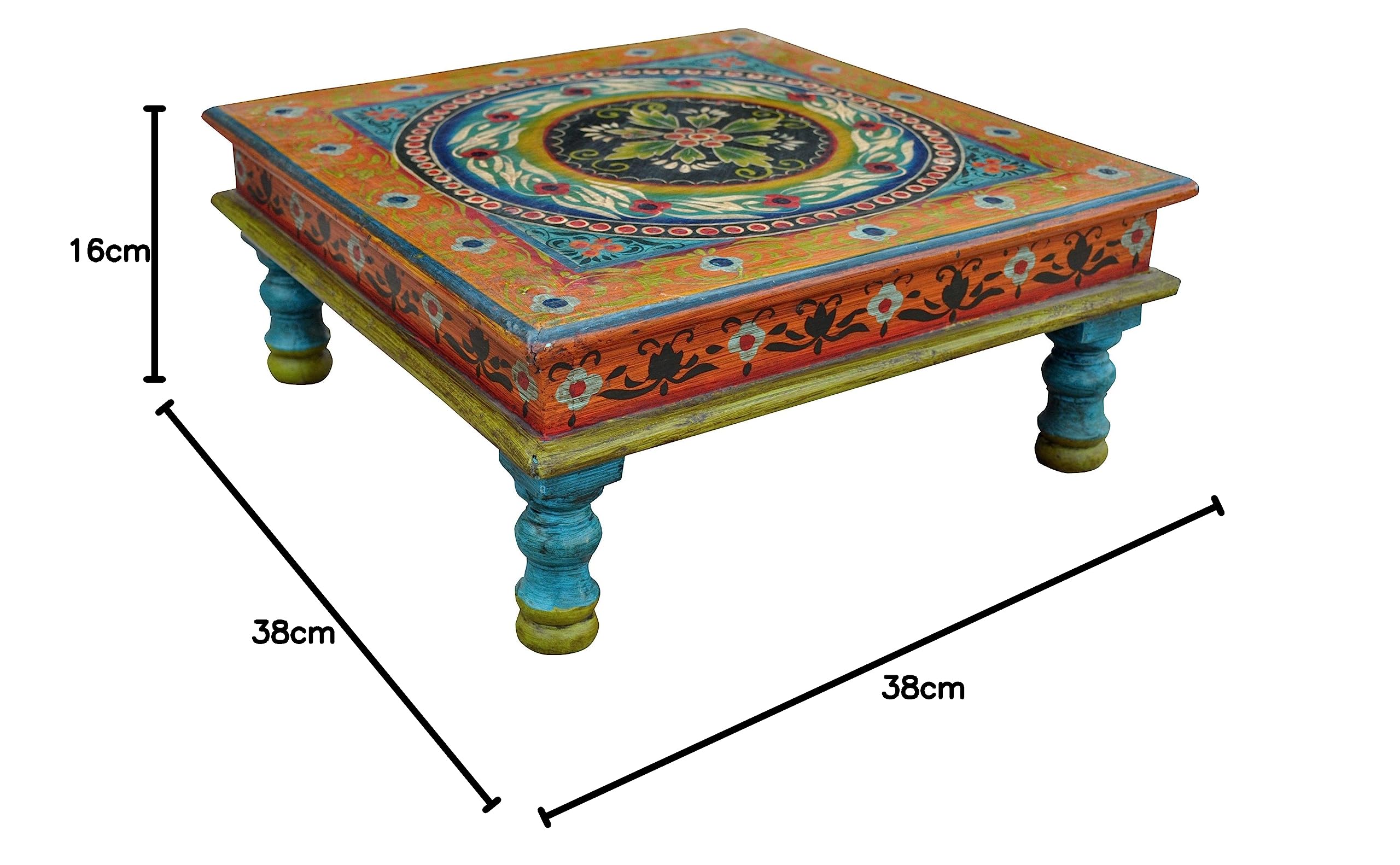GURU SHOP Kreativer bemalter Kleiner Tisch, Minitisch, Blumenbank, Holz, Ornament blau/gelb