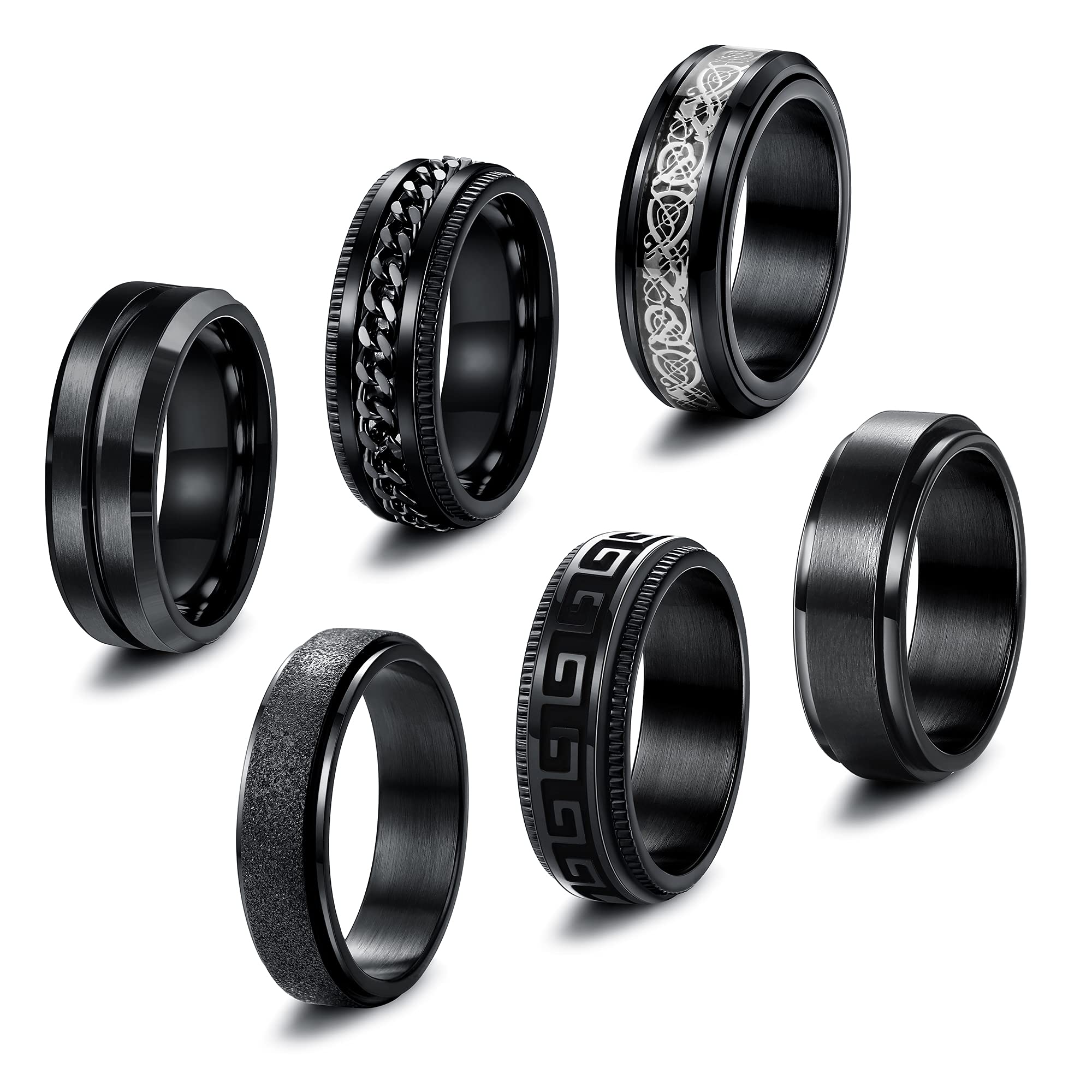 FIBO STEEL6Pcs Black Spinner Rings for Men Women Fidget Rings Cool Chain Inlaid Greek Key Rings Stainless Steel Stress Relieving 8mm Wide Wedding Promise Band Rings Set Size 6-13