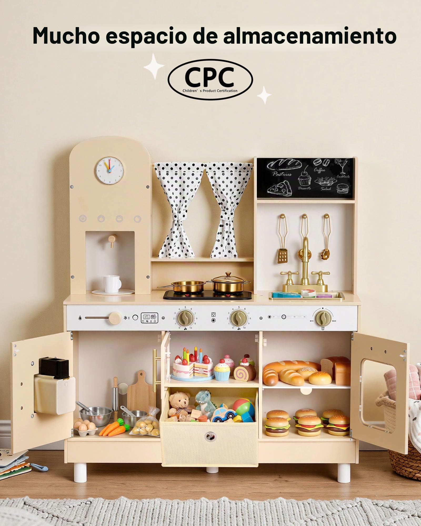 VEVOR Cocina de Juguete para Niños de 3 a 8 Años, Cocinita Infantil de Madera con Luces y Sonidos, Áreas Interactivas, Accesorios, Microondas, Máquina de Hielo, Juego de Cocina con Almacenamiento