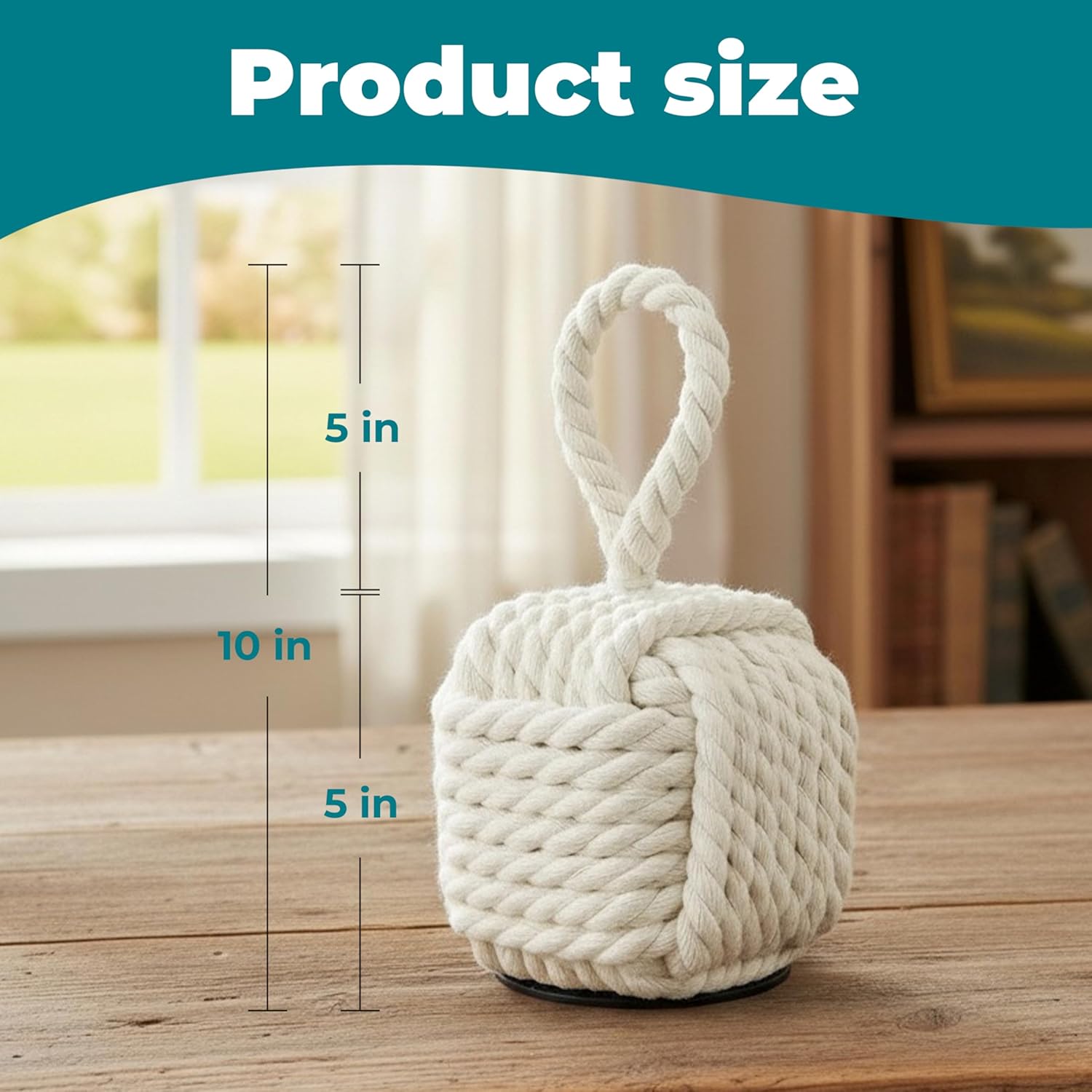 Decorative Door Stop with Non-Slip Base - Heavy Weighted Rope Door Stopper for Bottom of Door - Nautical Knot Doorstop for Home and Office - Soft & Safe Weighted Door Holder, Beige