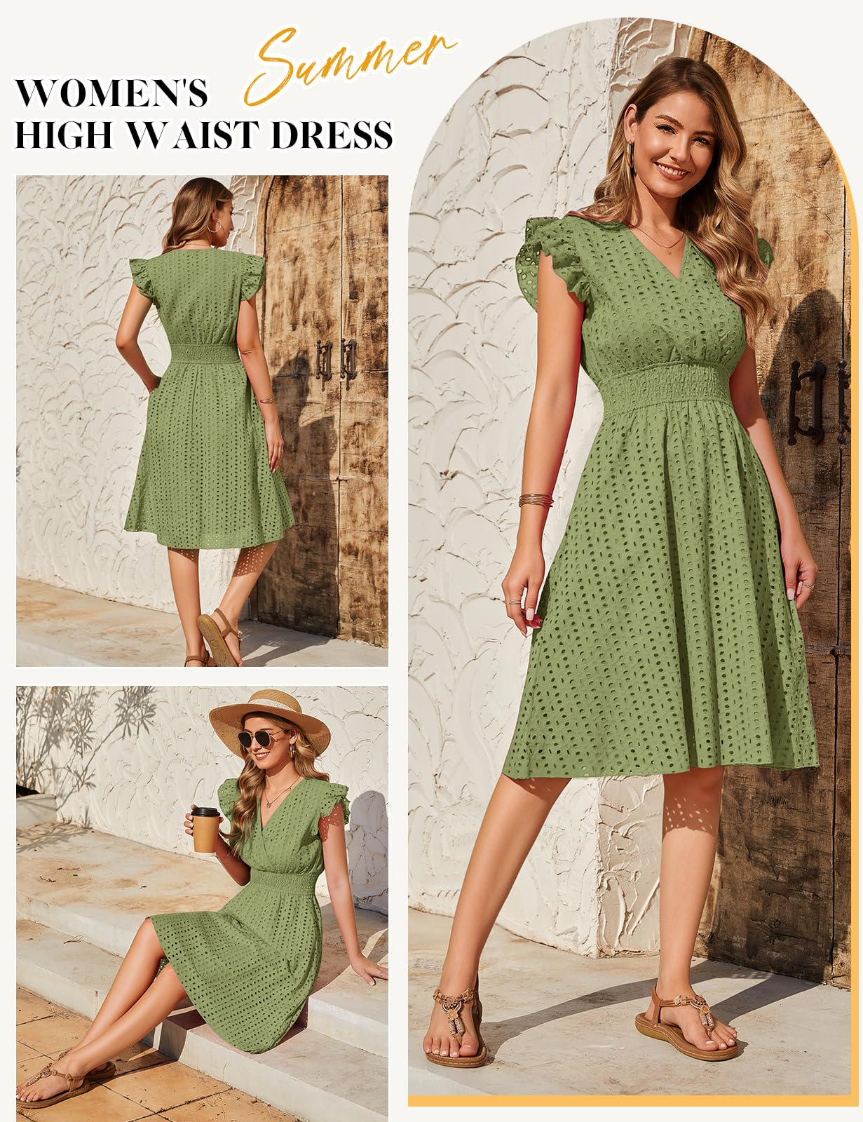 Sommerkleid Damen Baumwolle Kleider Sommer V-Ausschnitt Rüschenärmel Kleid Knielang Ärmelloses Hohe Taille Wickelkleid Leicht Luftig Freizeitkleider Strandkleid mit Taschen