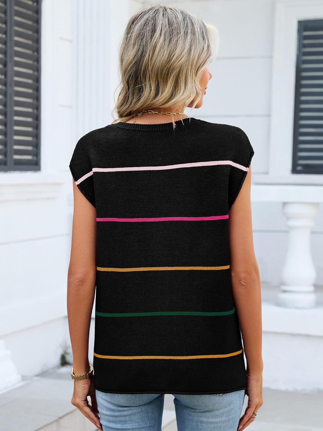 Womens Cap Sleeve Summer Tops Striped Sweater Vest Lightweight Casual Crewneck Loose Knit Pullover Tank Top - Image 4