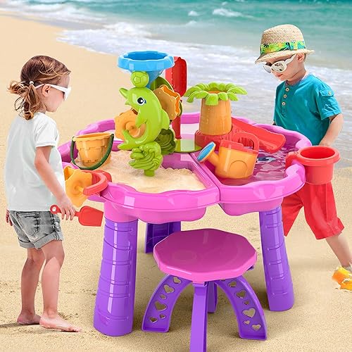 TEMI Mesa de agua 3 en 1 para niños juguetes de verano mesa de actividades caja de arena juguete sensorial 28 piezas mesa de juego de playa con