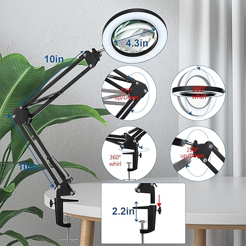 Miniatura 4 de HITTI - Lupa 5X con luz con abrazadera, 3 modos de color, lámpara de aumento regulable continua, 72 LED de lente de cristal real con luz y soporte