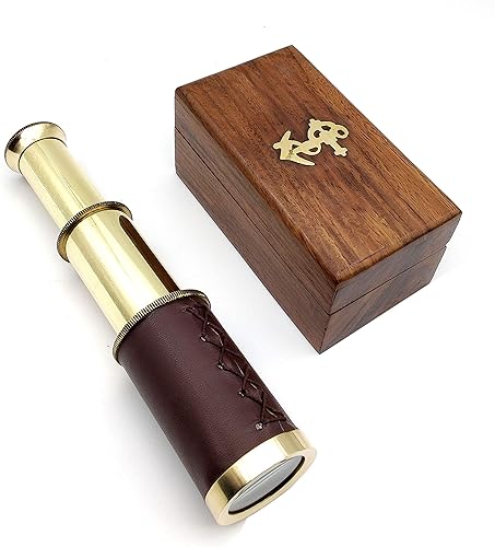 5MoonSun5 Telescopio de cristal espía de latón náutico con caja, latón (cuero marrón)