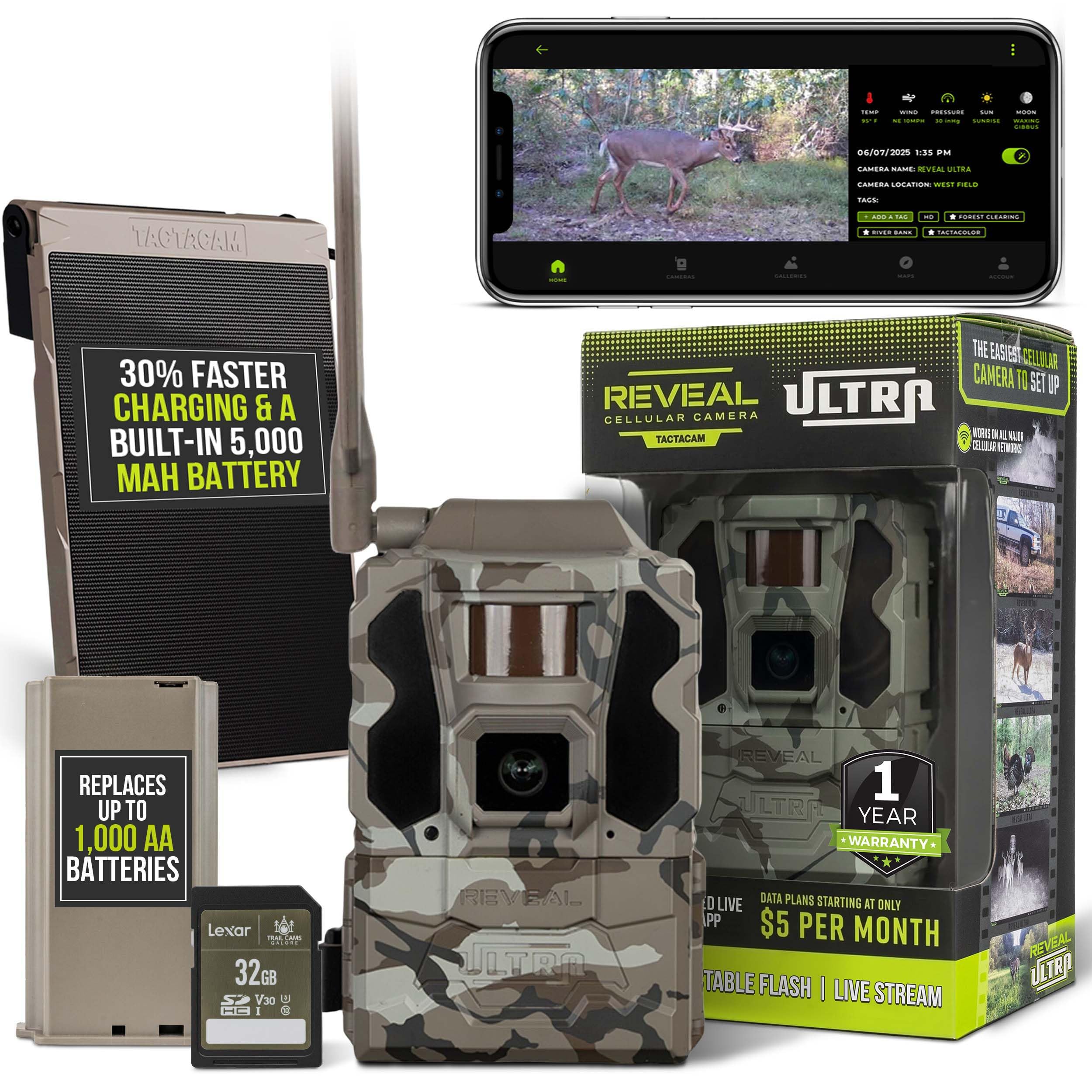 TACTACAM Reveal Ultra Cellular Trail Camera – 4K Photo, 1080P Video, Live Streaming, GPS, Low-Glow/No-Glow Flash, LTE – Includes Solar Panel R5, Lipo Lithium Battery Pack, & 32GB SD Card
