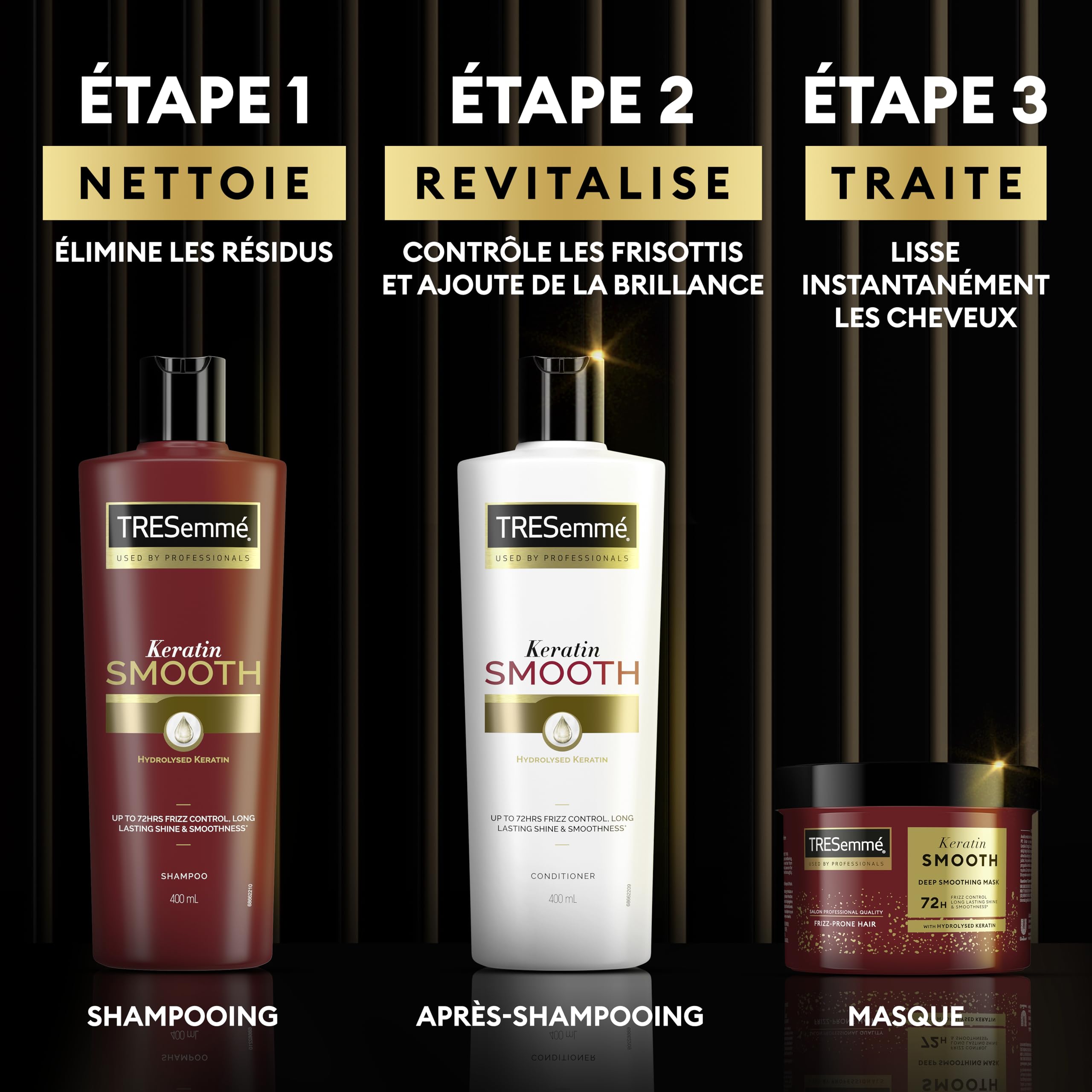 TRESemmé Keratin Smooth Set avec Shampooing, Après-Shampooing et Masque, Pour Cheveux Lisses, Cheveux Brillants, Doux et Démêlés, Action Anti-Frisottis Jusqu'à 72H, 400ml + 400ml + 440ml