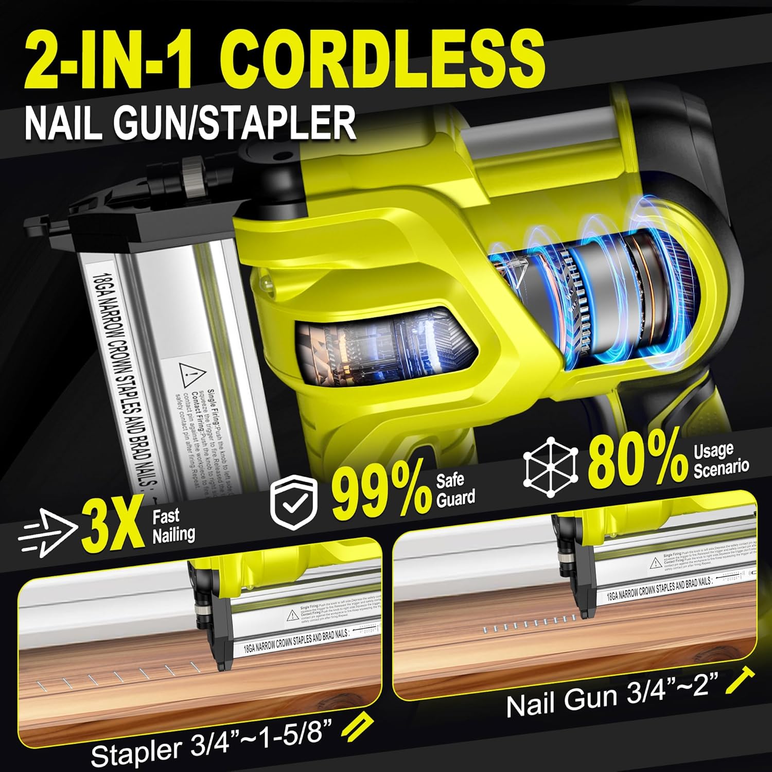 SILVEL 2" Cordless Brad Nailer, 2-in-1 21V Electric Brad Nailer with 2 * 2.0Ah Battery, 1000pcs Nails, 18GA Staples, Adjustable Depth for Woodworking, Home Improvement, Green - Image 2