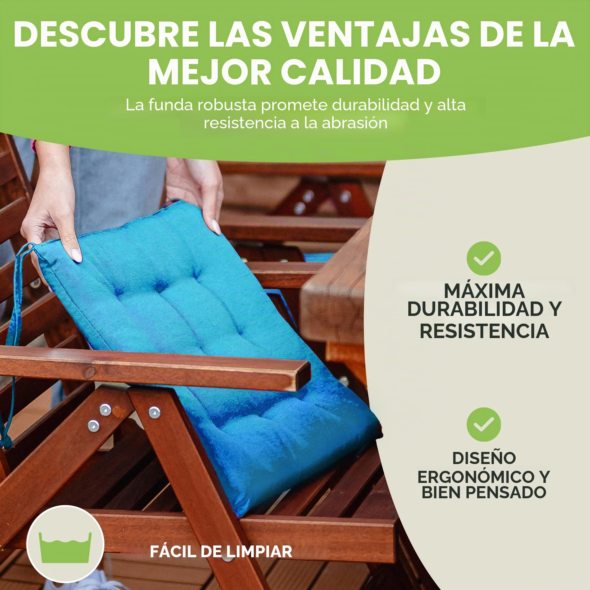Gräfenstayn® Juego de 4 Cojines 40x40x3cm con Correas de sujeción para Interior y Exterior con Junta Oeko-Tex - (Turquesa)
