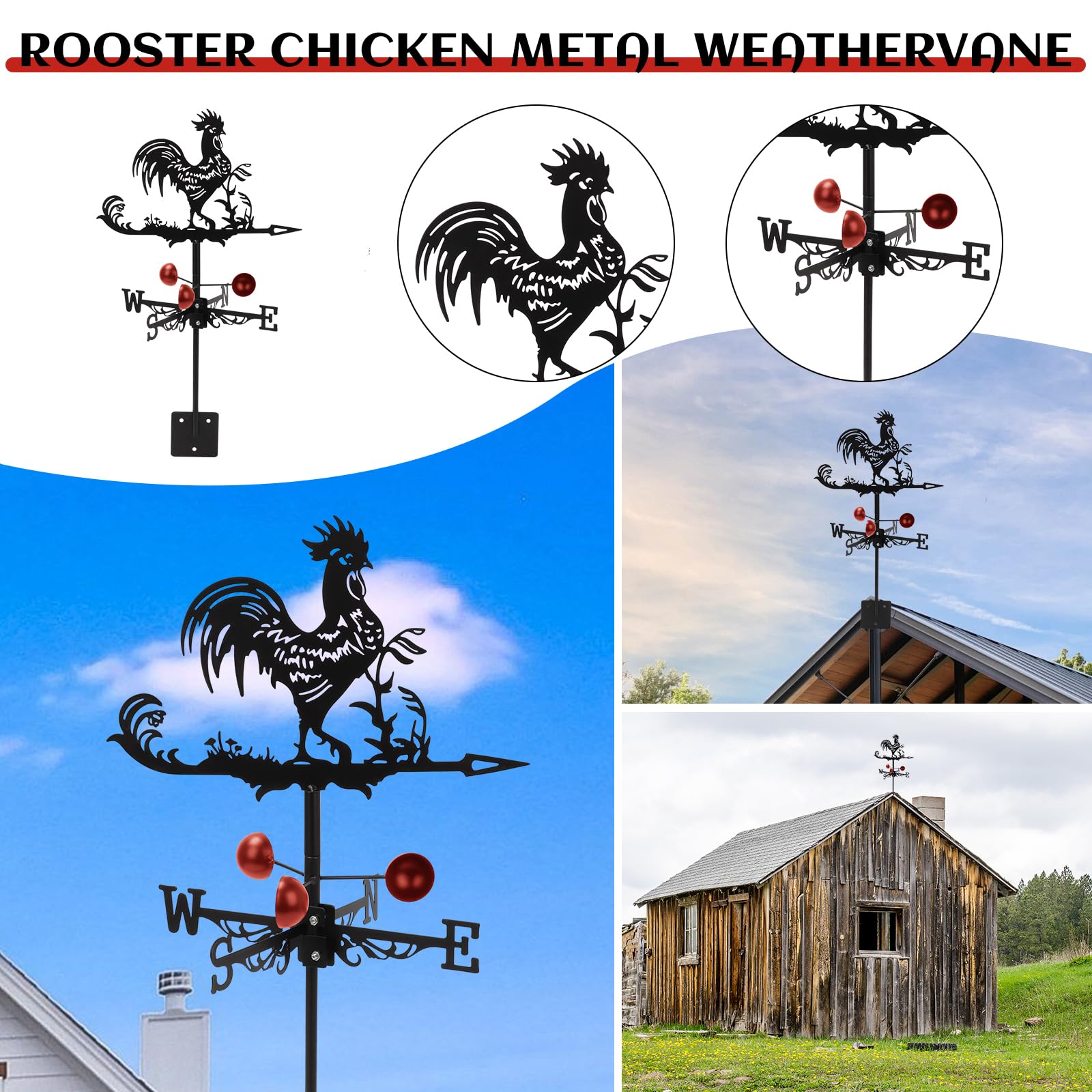Qivine Girouette de Jardin Exterieur, Rétro Girouettes Coq en Métal avec Support et Indicateur Directionnel, Décoration Girouette de Toit pour Jardin, Toit, Cour, Ferme 33x58cm (Coq)