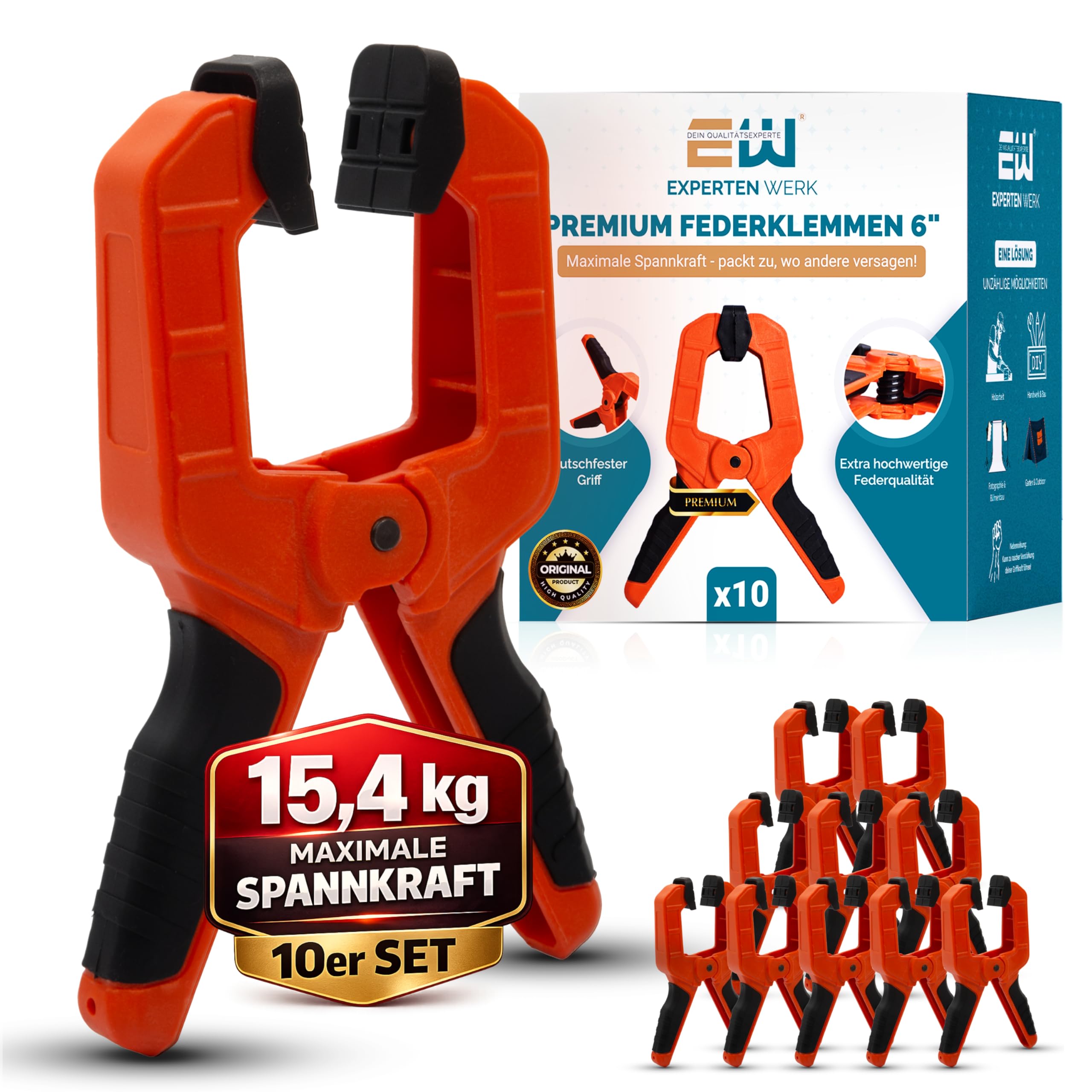 ExpertenWerk Klemmzwingen 10er Set für DIY, Werkstatt, Pool & Fotografie – extra starke Federklemmen mit 8 cm Spannweite & 15,4 kg Spannkraft – rostgeschützte Hochleistungsfeder – Designed in Germany