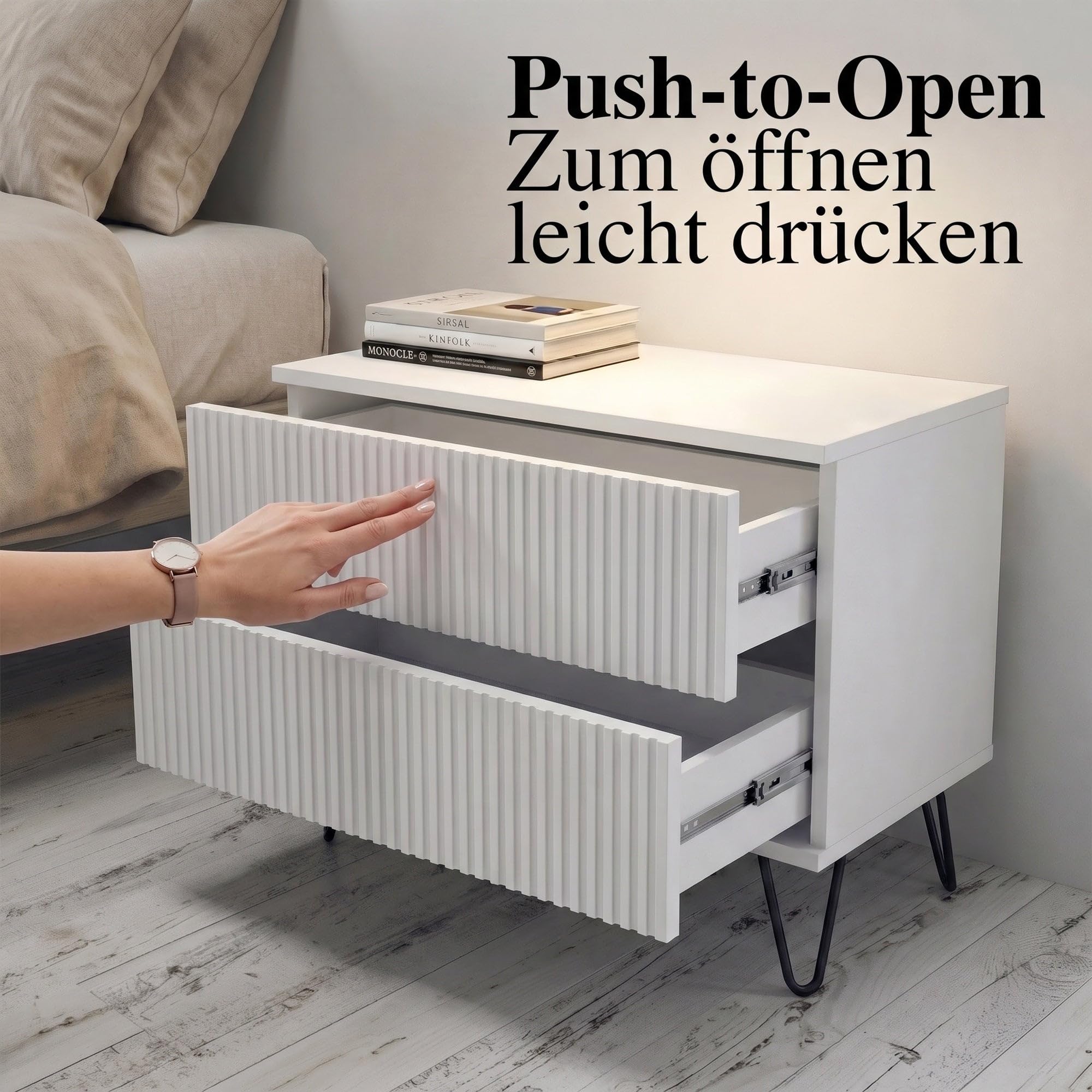 Vladon Nachtschrank Kioto, Weiß/Cashmere geriffelt (60 x 43 x 35 cm)