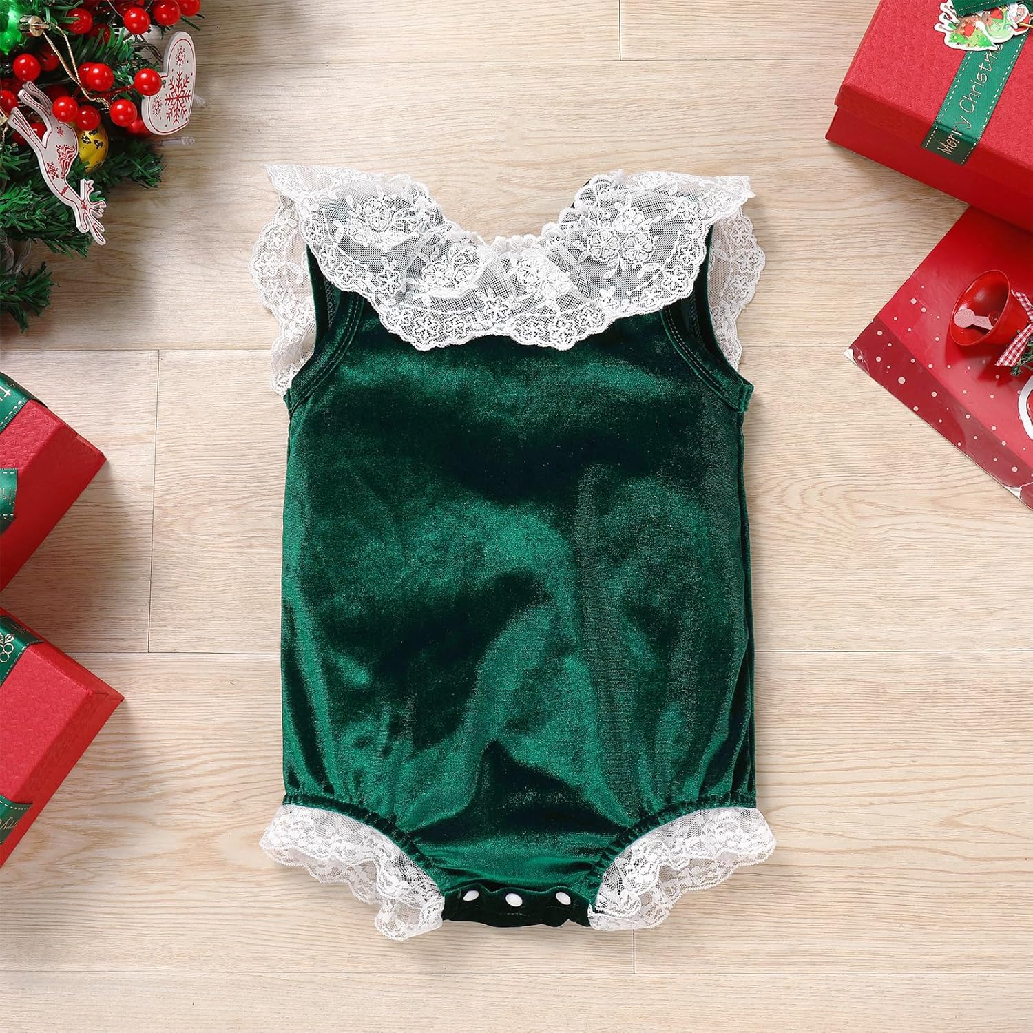 FYMNSI My First Christmas Baby Girl Outfit Floral Lace Velvet Romper with Headband Socks Toddler Winter 1st Birthday Outfit