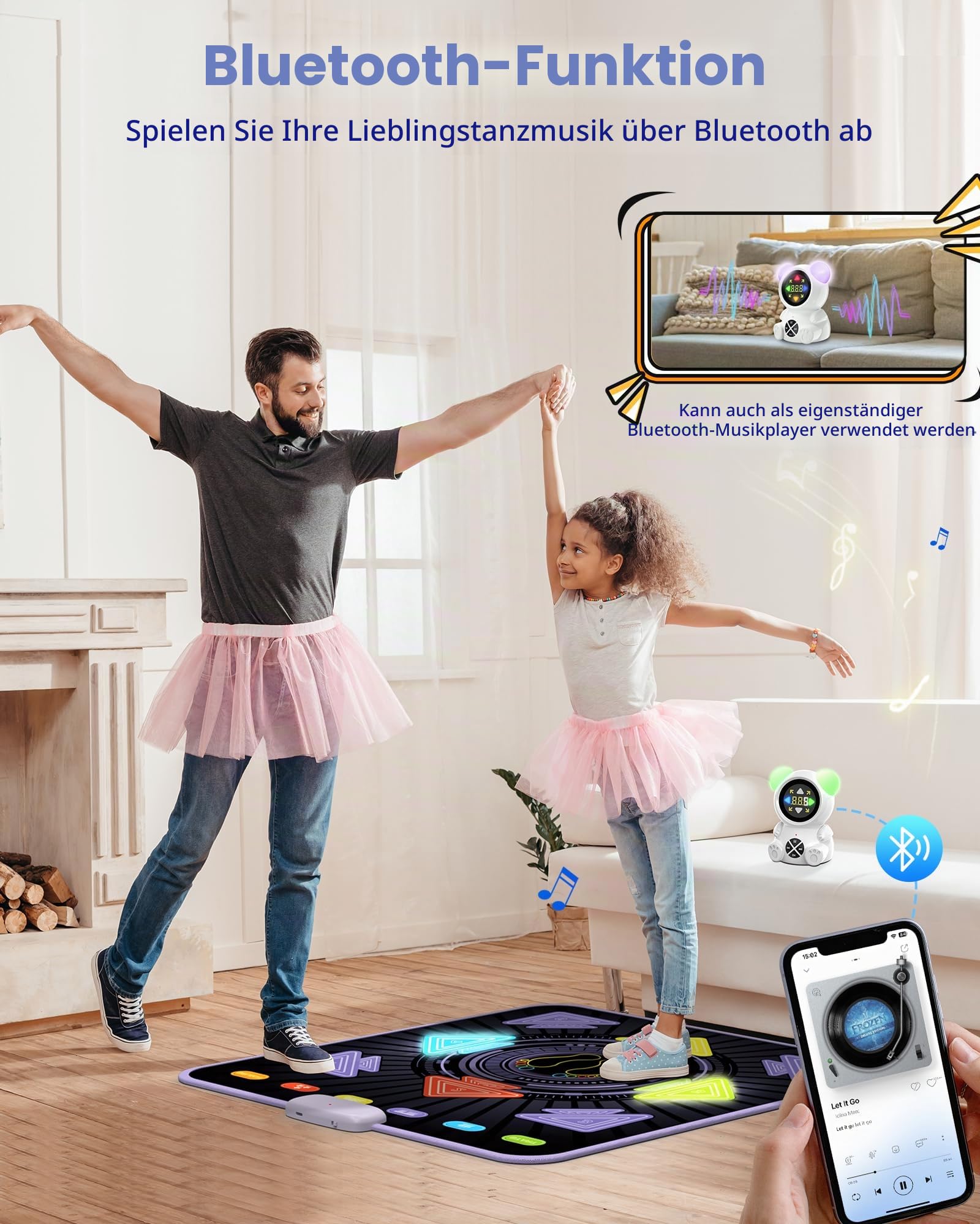 Tanzmatte Kinder - Wiederaufladbares elektronisches leuchtende Tanzmatte mit Bluetooth-Musikplayer & LED-Leuchten & T5 Spielmodi, Geschenk für Mädchen im Alter von 3-12 Jahren, Jungen