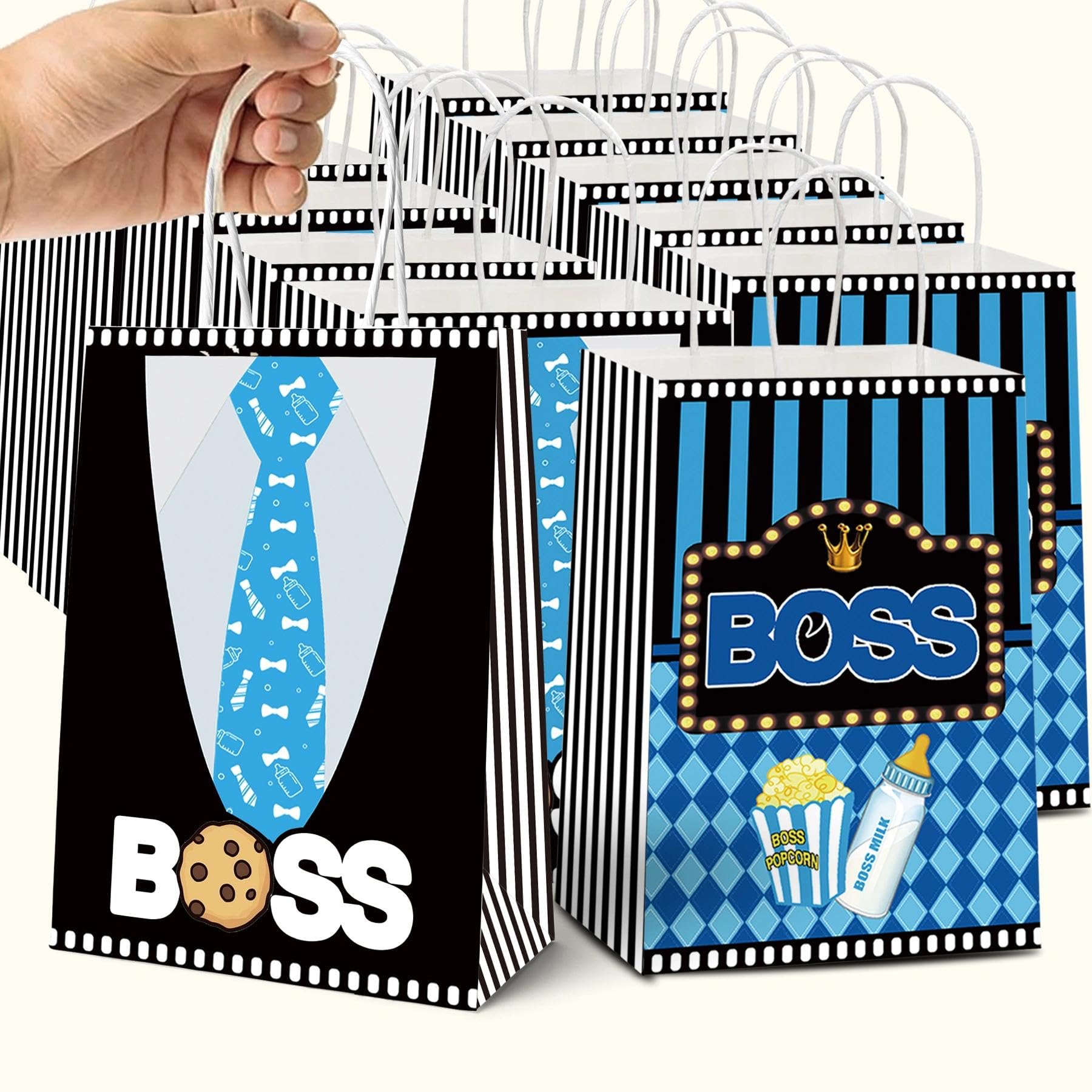 HAPPARTY 16 PCS Boss Baby Theme Party Gift Bags with Handles, Black Blue, 8.2 x 5.9 x 3.1 inches, Baby Shower, Birthday
