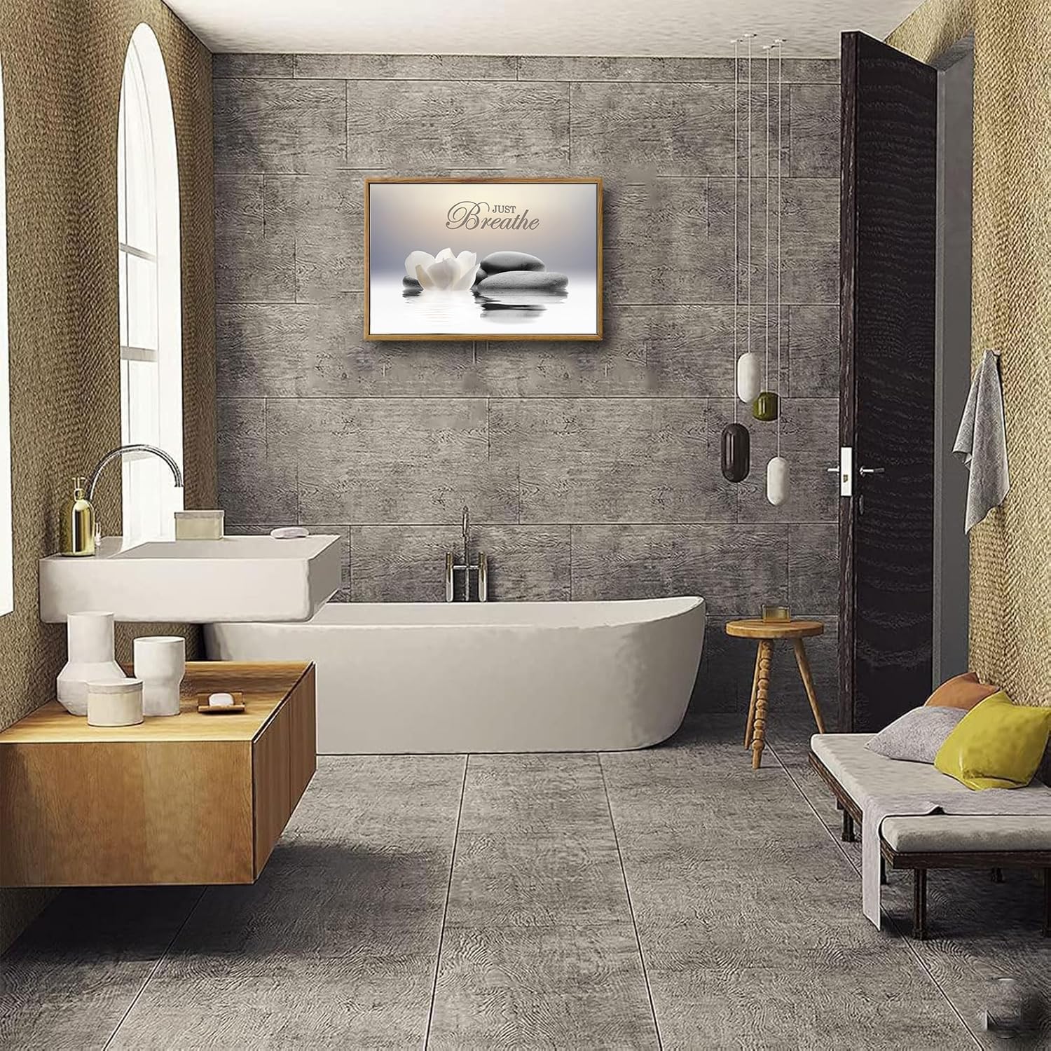 YTAPIFS Zen Stone Wall Art White Lotus Flower Prints Artwork Modern Zen Spa Poster Just Breathe Yoga Quotes Pictures Wall Decor for Yoga Room office Bathroom Meditation room 12 x 16 in Unframe - Image 2