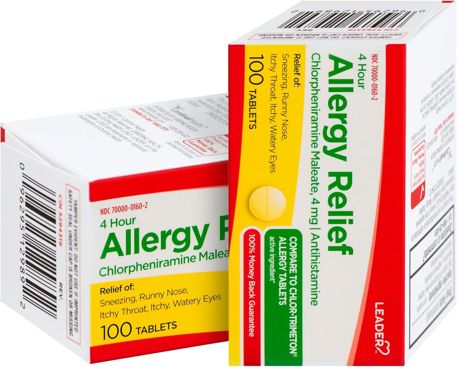 Leader Allergy Relief Tablets - 4 Hour Chlorpheniramine Maleate | 100 Count Pack