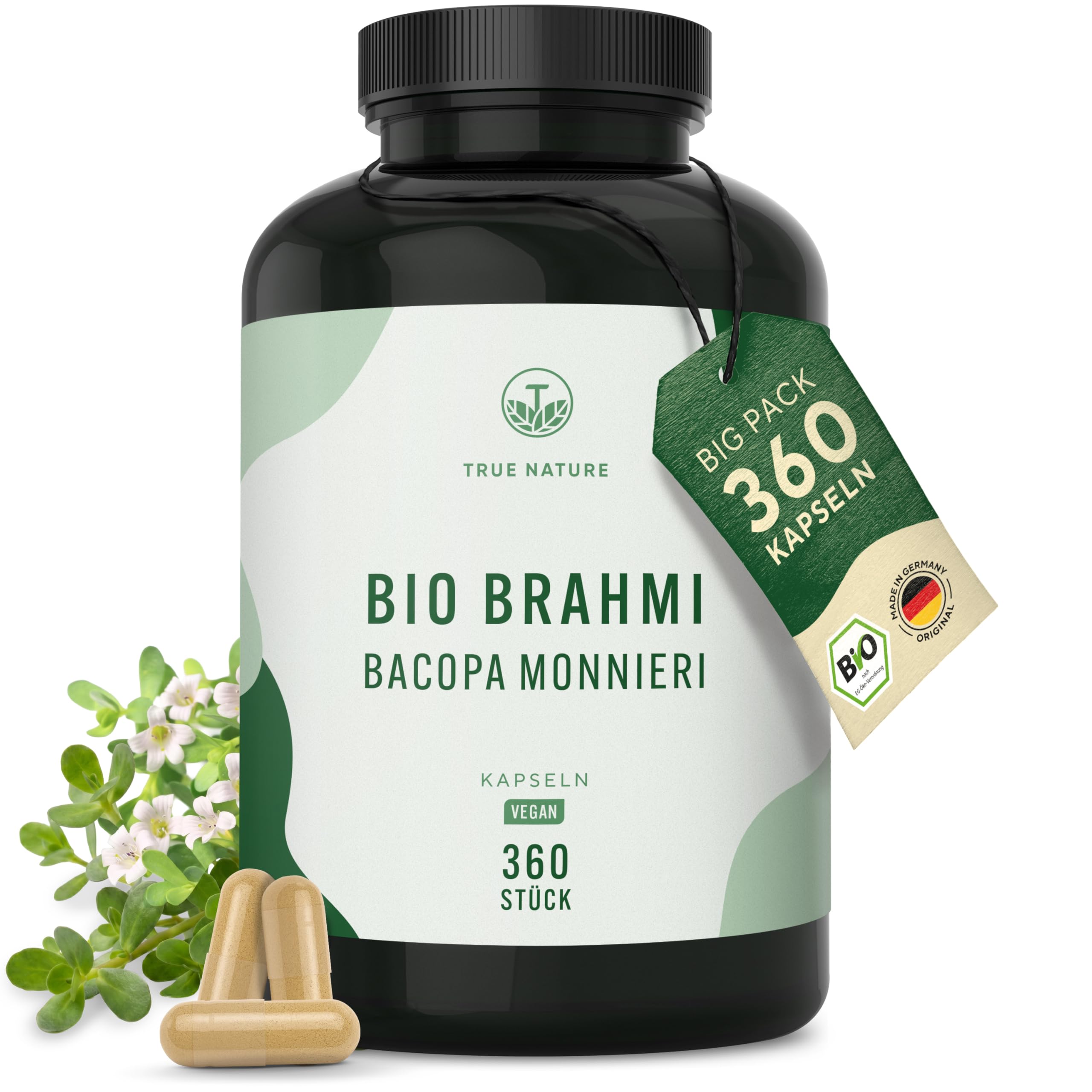 Bacopa Monnieri Brahmi - Hochdosiert: 1.500mg mit 2,5% Bacoside - Big Pack: 360 Kapseln - Brahmi Kapseln Bio, Kleines Fettblatt - Ayurveda, vegan - Ohne Zusätze - TRUE NATURE
