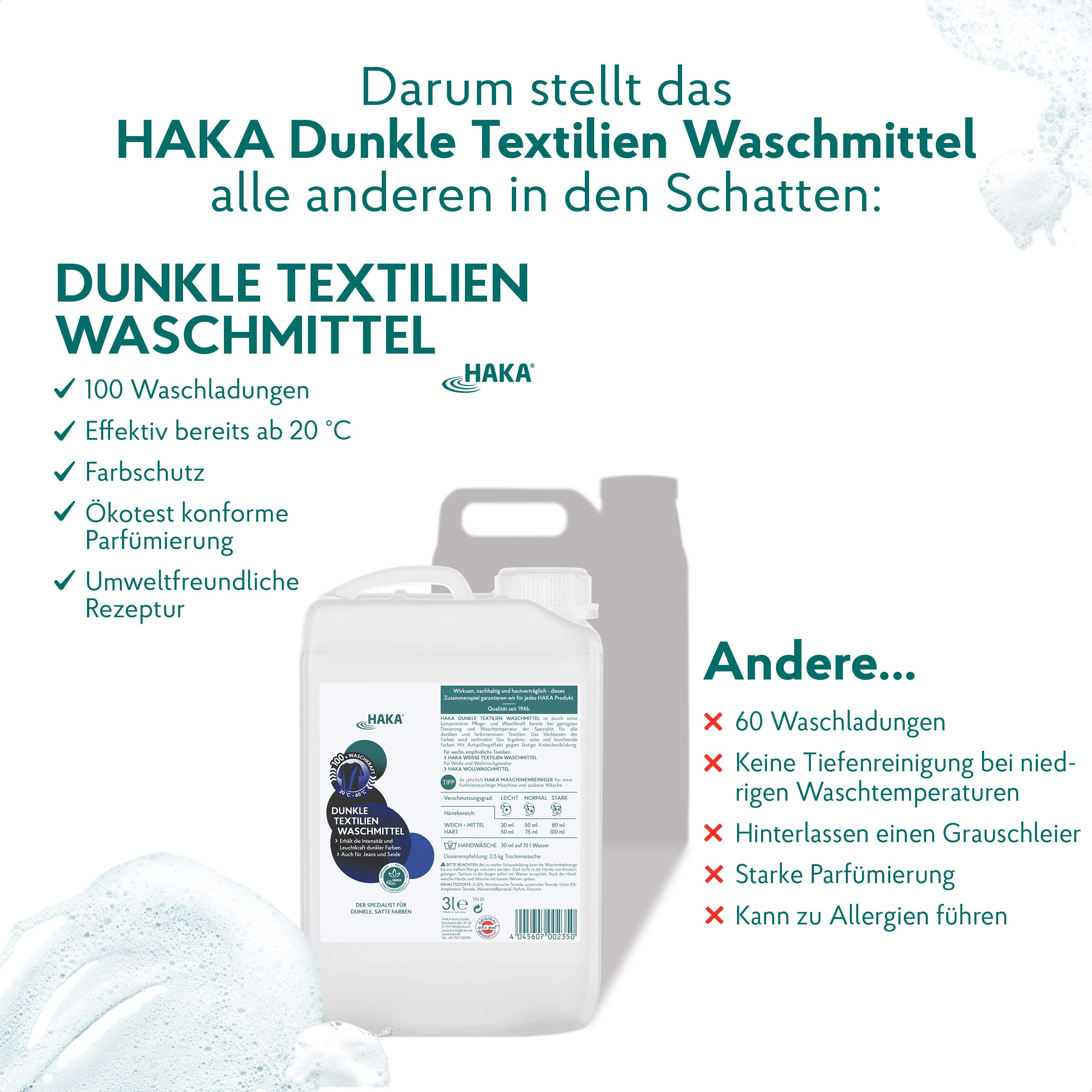 HAKA Flüssigwaschmittel Schwarz & Dunkel, 3 L (100 WL), gegen Verblassen