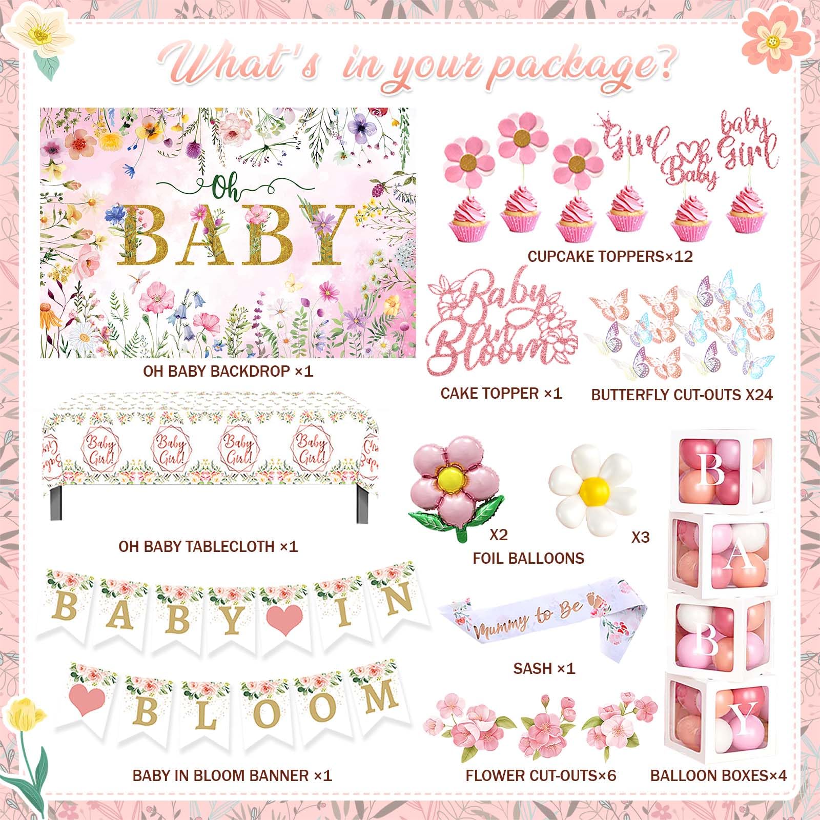 Baby In Bloom Shower Decorations - Pink Wildflower Boho Theme Party Set